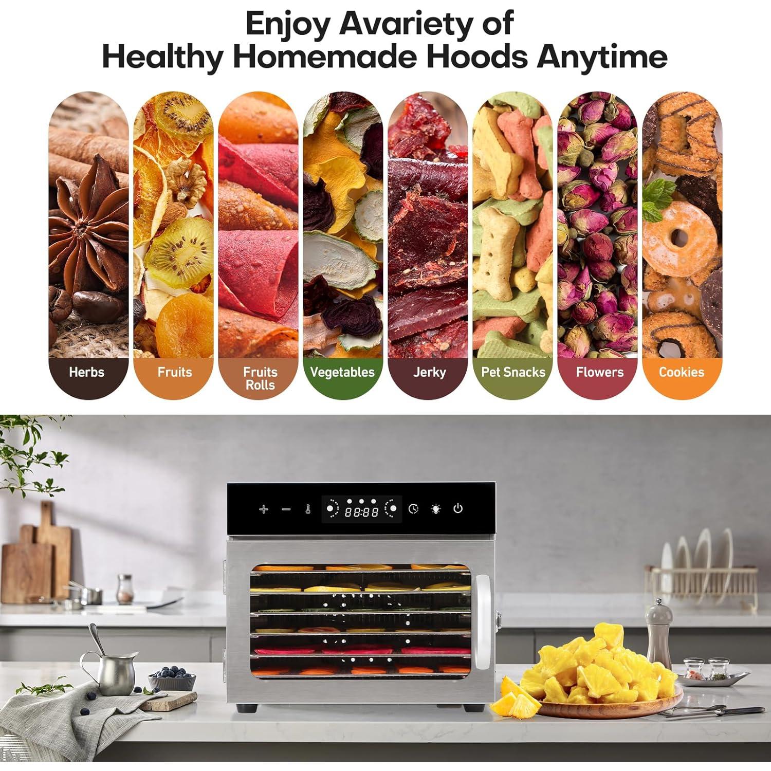 Panana Food Dehydrator Machine Dryer for Jerky: Stainless Steel Dehydrater for Fruit Herb Meat Dog Treats- Food Drier for Meat Beef Dehydration (6 trays)