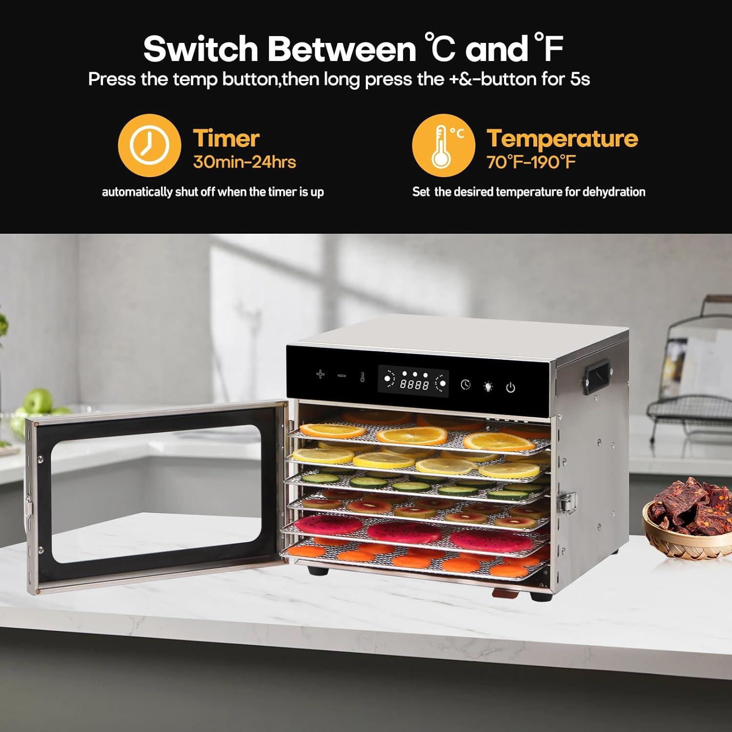 Panana Food Dehydrator Machine Dryer for Jerky: Stainless Steel Dehydrater for Fruit Herb Meat Dog Treats- Food Drier for Meat Beef Dehydration (6 trays)