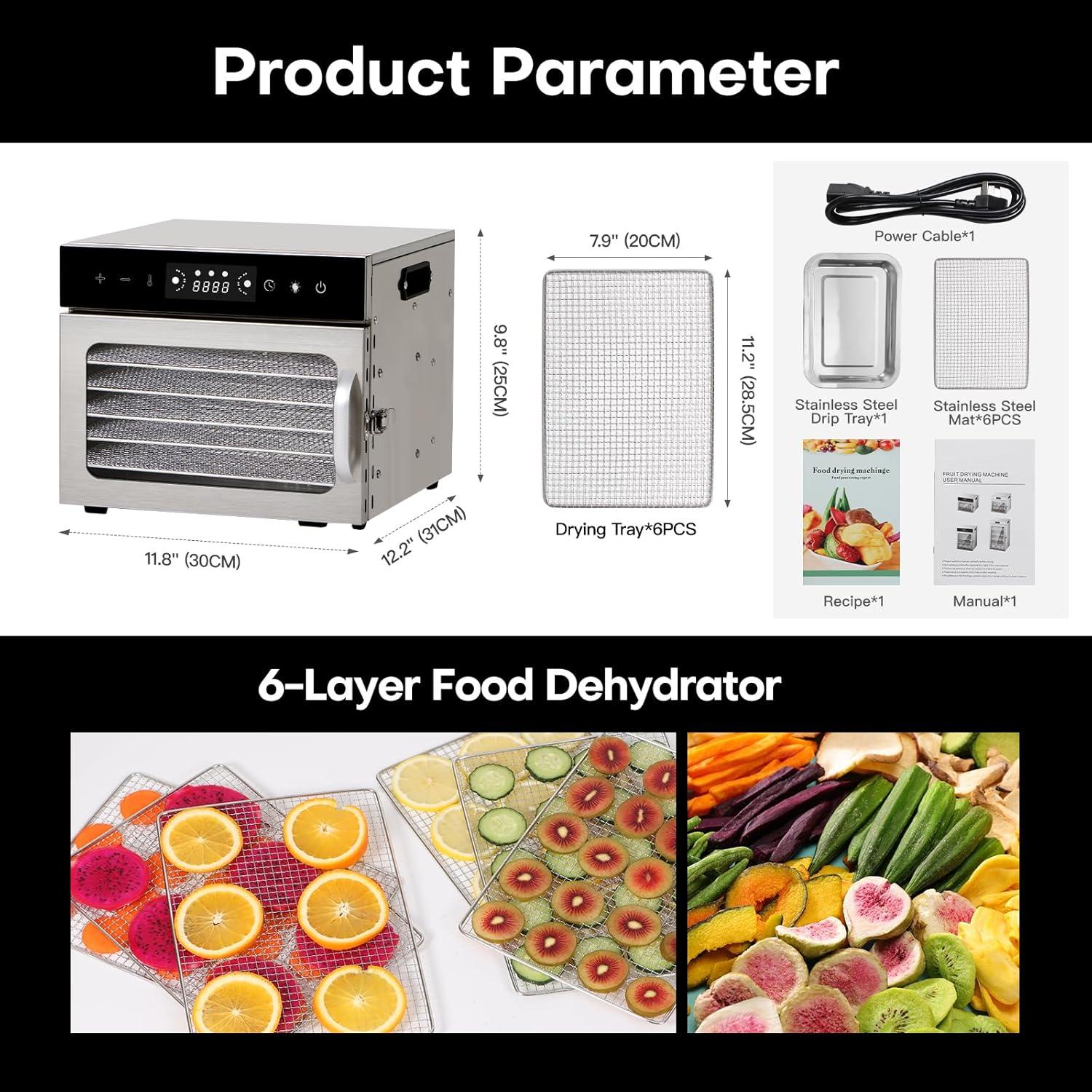 Panana Food Dehydrator Machine Dryer for Jerky: Stainless Steel Dehydrater for Fruit Herb Meat Dog Treats- Food Drier for Meat Beef Dehydration (6 trays)