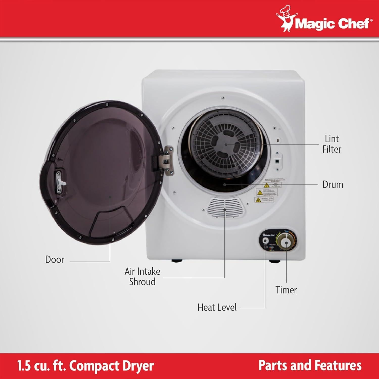 Magic Chef Compact Electric White MCSDRY15W 1.5 cu. ft. Laundry Dryer
