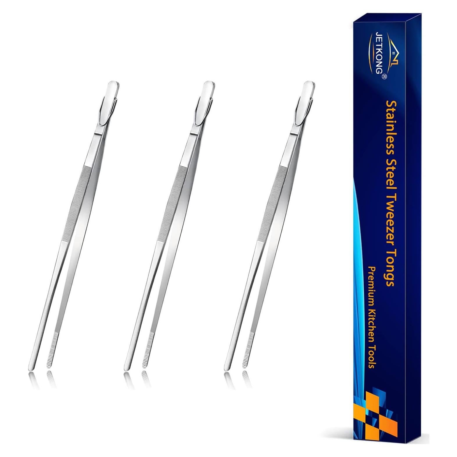 JETKONG 7 Inch Tweezers Tongs Mini Kitchen Food Tweezers Small Cooking Thin Tongs, Set of 3 (7 7 7 Inch, Silver)