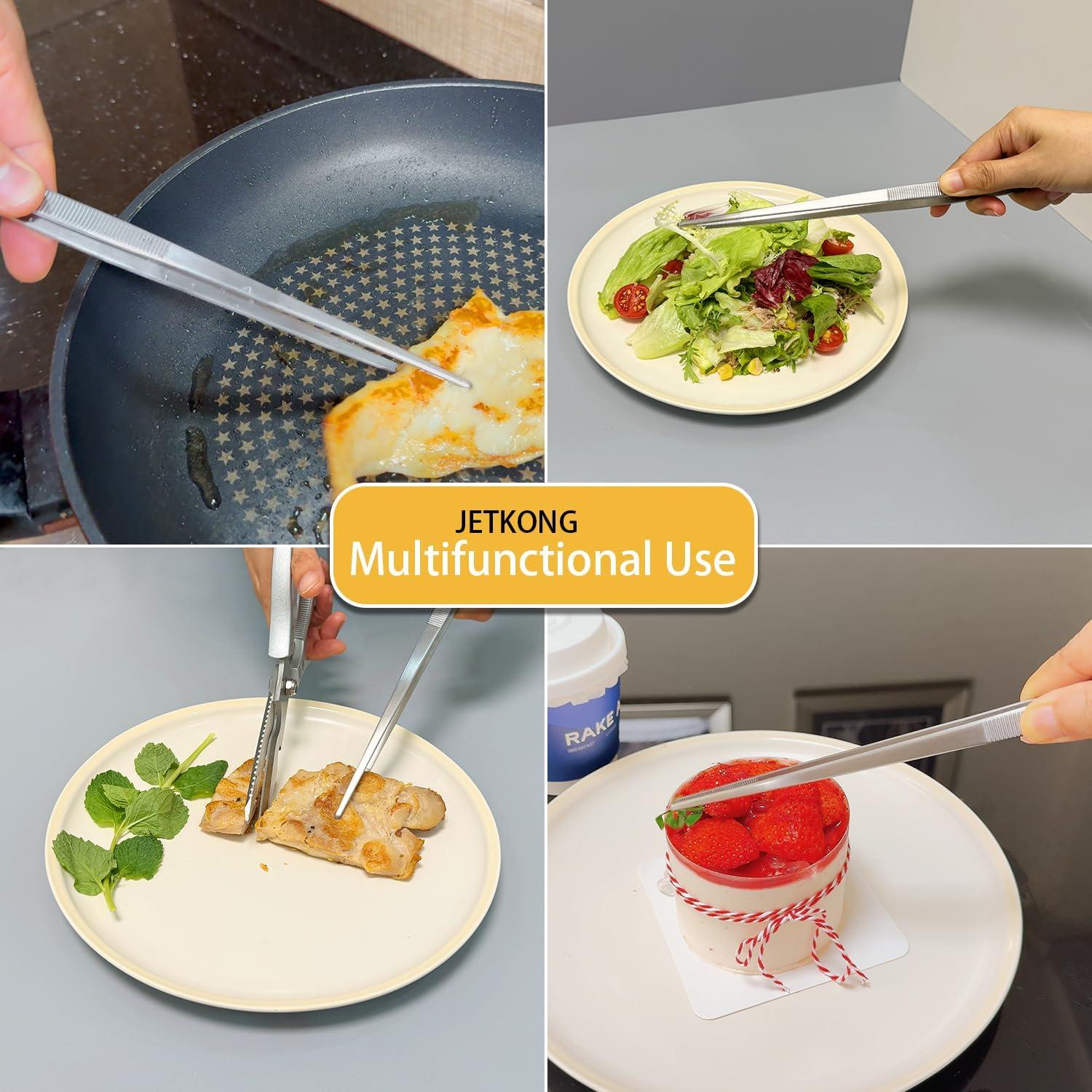 JETKONG 7 Inch Tweezers Tongs Mini Kitchen Food Tweezers Small Cooking Thin Tongs, Set of 3 (7 7 7 Inch, Silver)