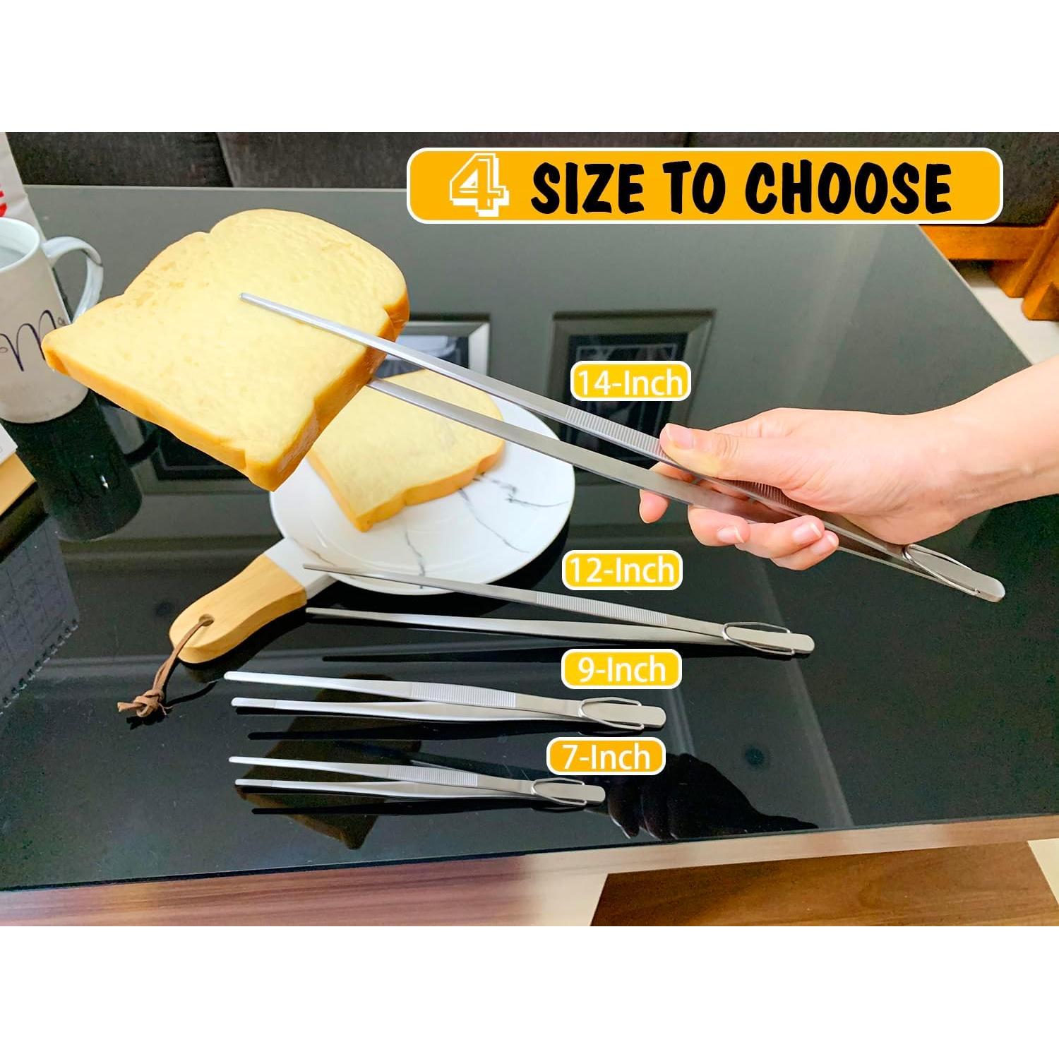 JETKONG 7 Inch Tweezers Tongs Mini Kitchen Food Tweezers Small Cooking Thin Tongs, Set of 3 (7 7 7 Inch, Silver)