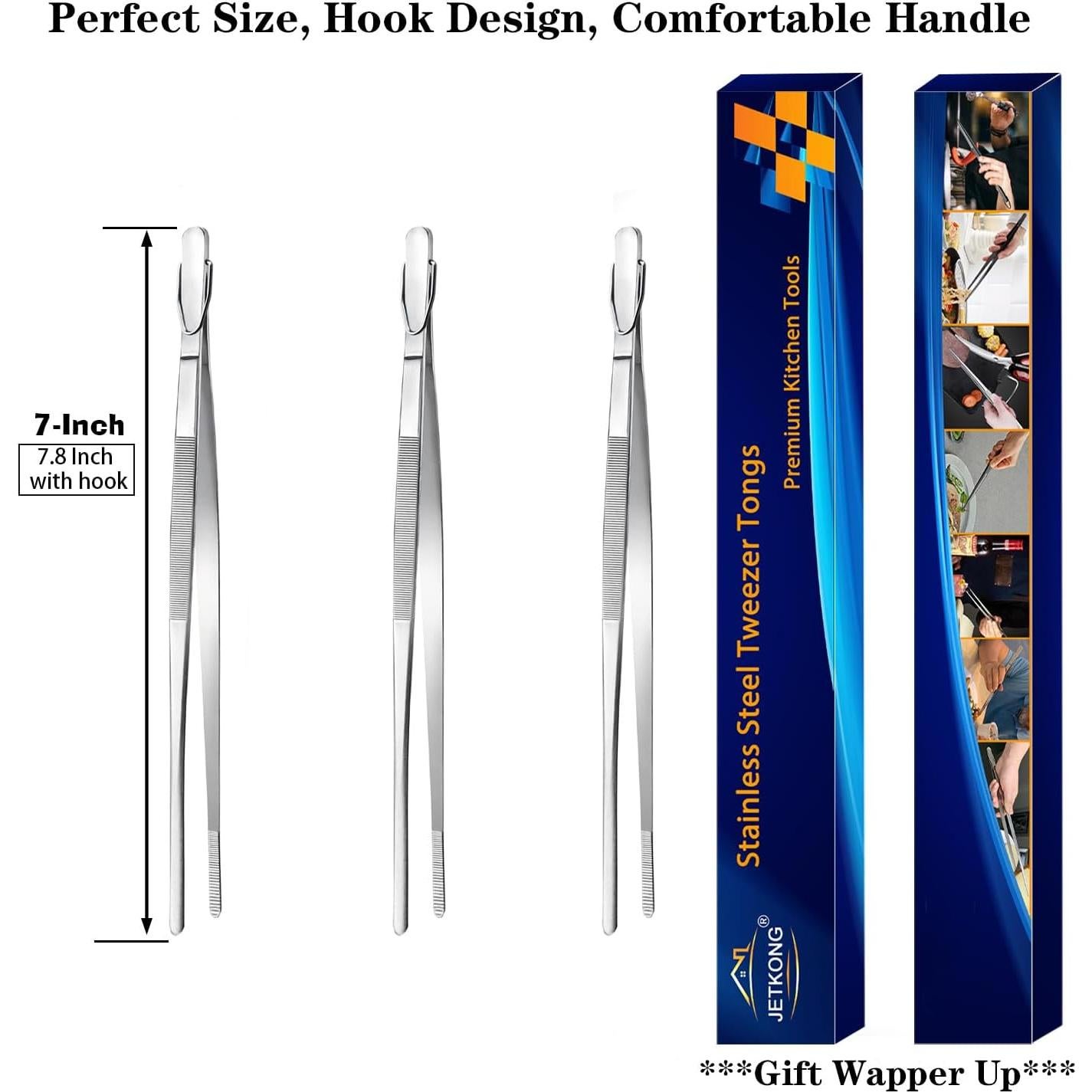 JETKONG 7 Inch Tweezers Tongs Mini Kitchen Food Tweezers Small Cooking Thin Tongs, Set of 3 (7 7 7 Inch, Silver)