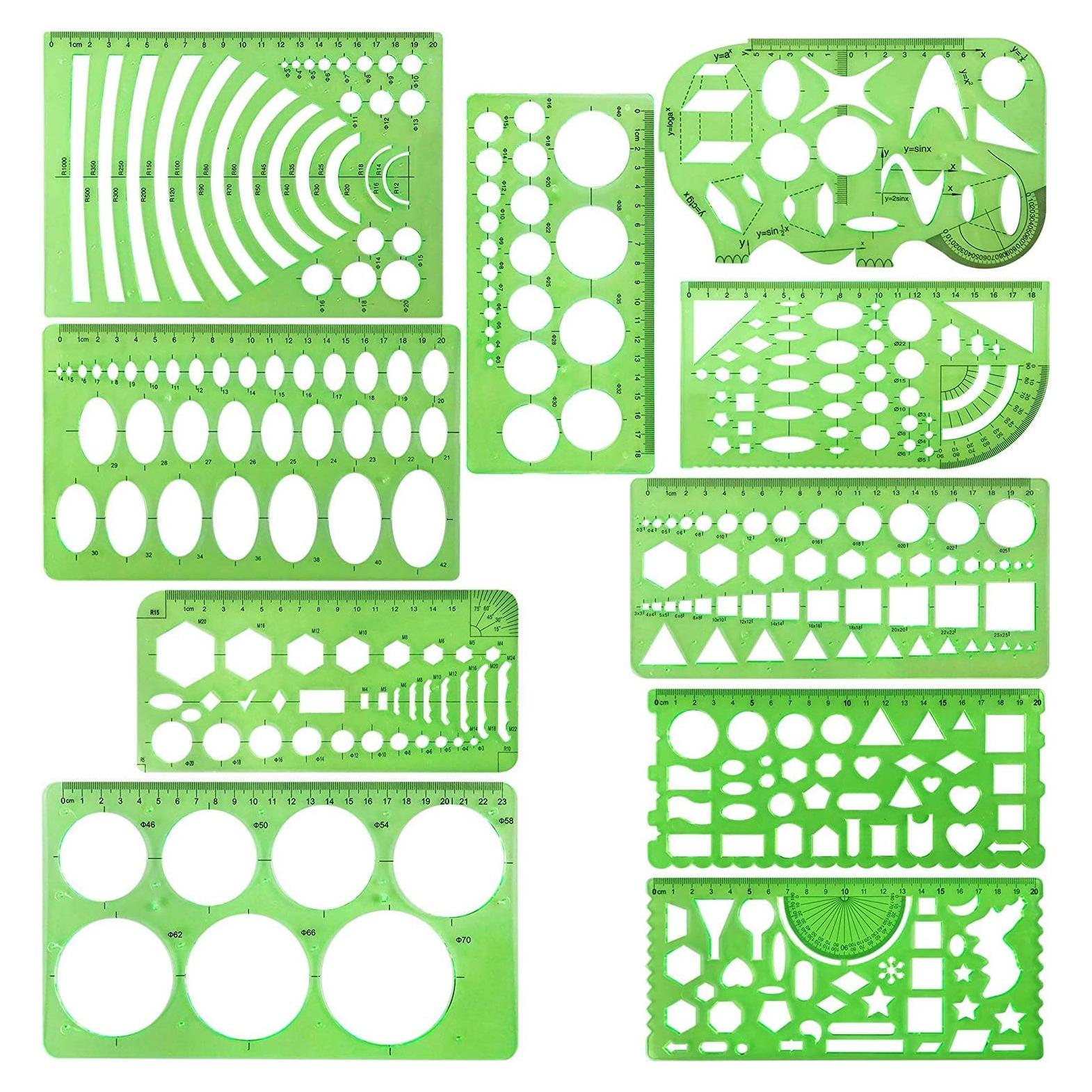 10 Plantillas de Dibujo Geométricas Onwon Plástico Verde Claro