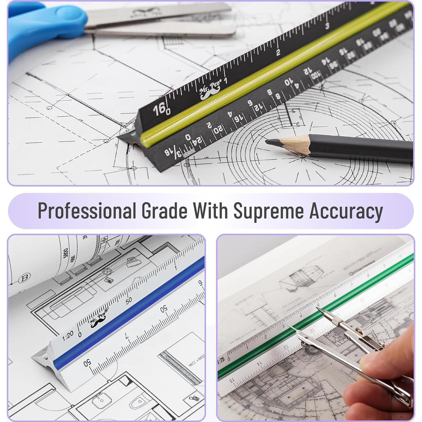Regla de Escala Arquitectónica Mr. Pen 30.48 cm 2 Pcs Aluminio