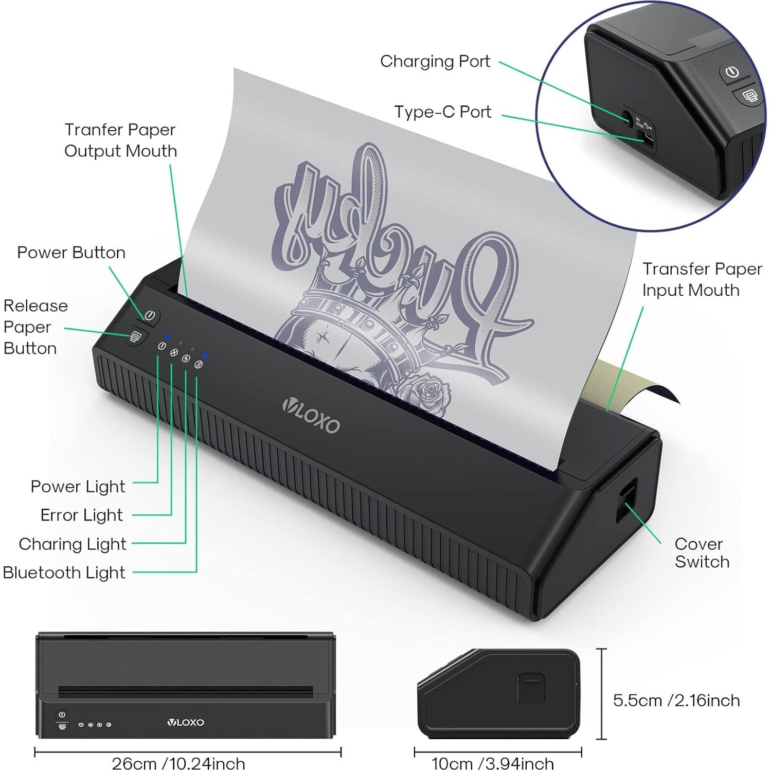 Impresora Térmica de Tatuajes Inalámbrica VLOXO P8008 con Bluetooth