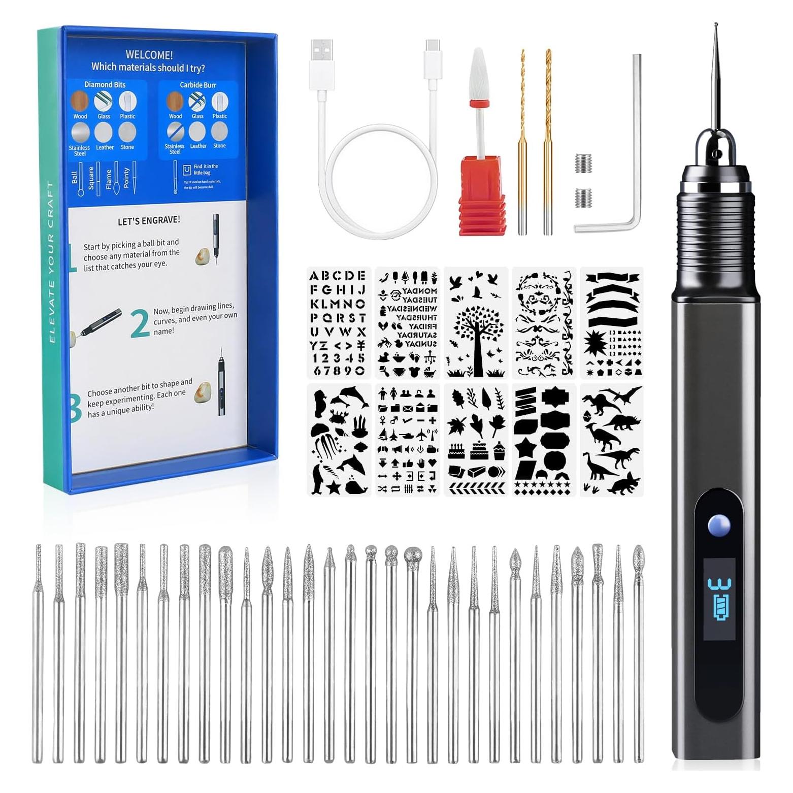 Engraving Pen Kit Rechargeable Cordless Engraver Pen with 33 Bits, 10 Stencils, Mini DIY Electric Etching Machines Rotary Tool for Carving Jewelry Stone Wood Glass Metal Plastic
