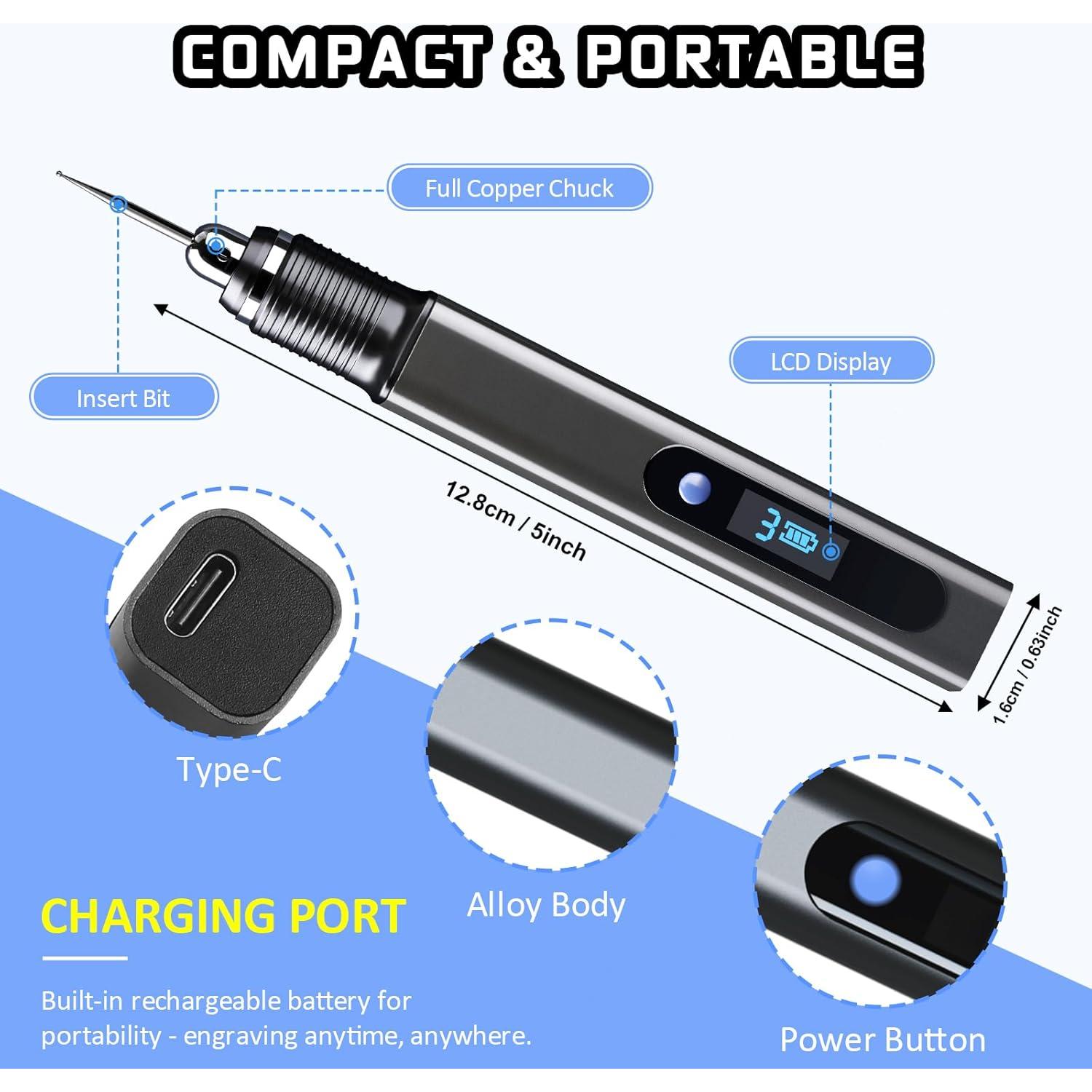 Engraving Pen Kit Rechargeable Cordless Engraver Pen with 33 Bits, 10 Stencils, Mini DIY Electric Etching Machines Rotary Tool for Carving Jewelry Stone Wood Glass Metal Plastic