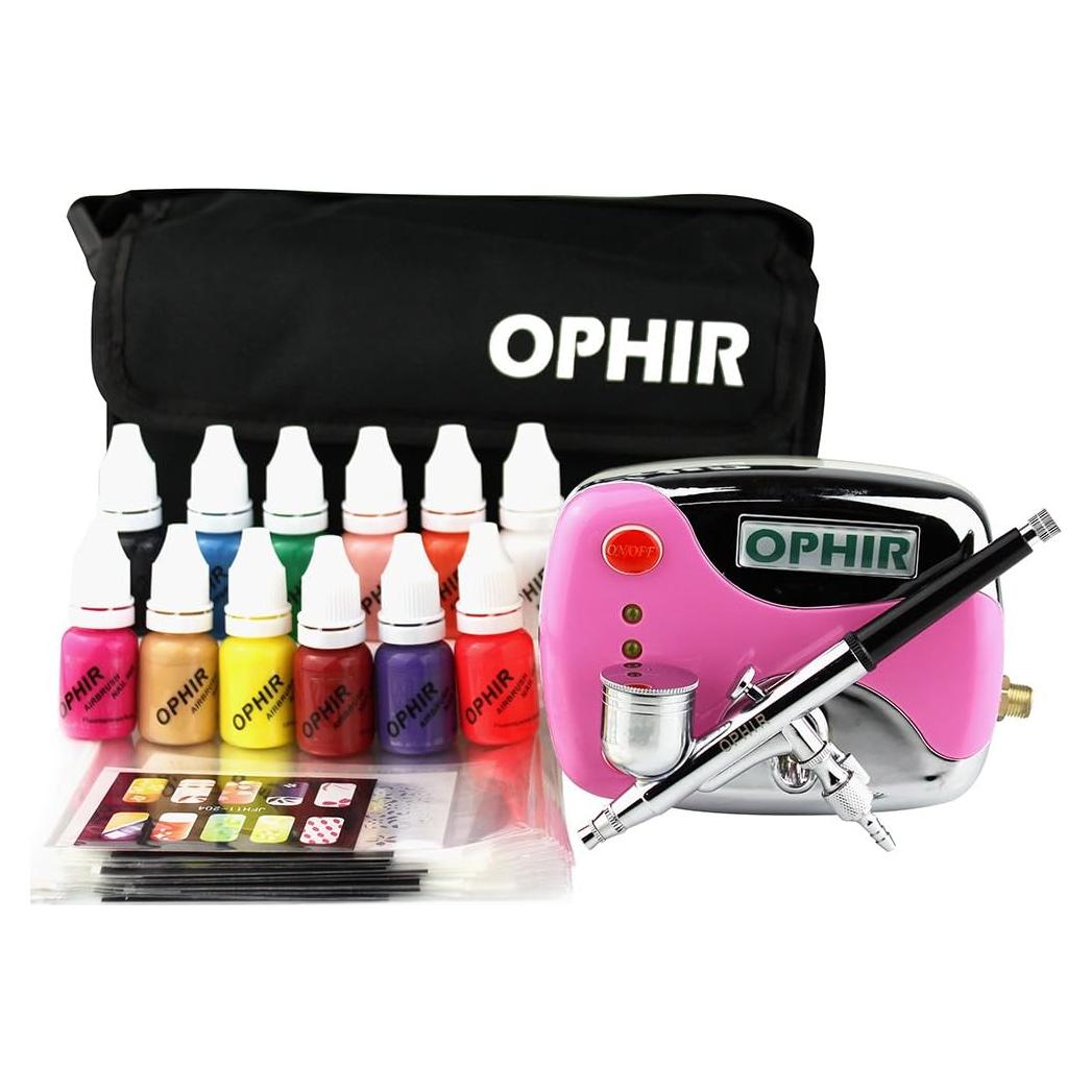 Kit Aerógrafo para Uñas OPHIR Rosa con 12 Tintas y Compresor