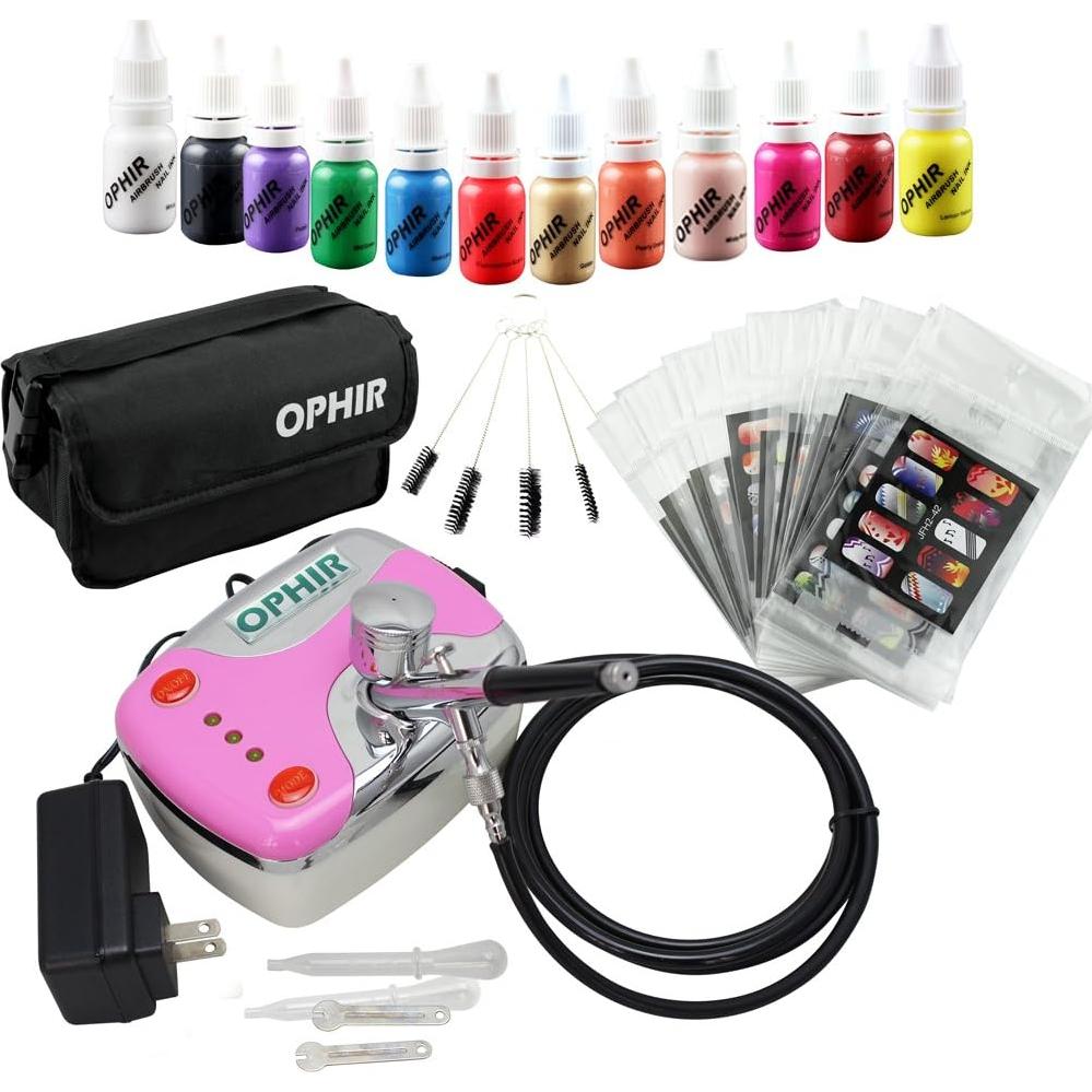 Kit Aerógrafo para Uñas OPHIR Rosa con 12 Tintas y Compresor