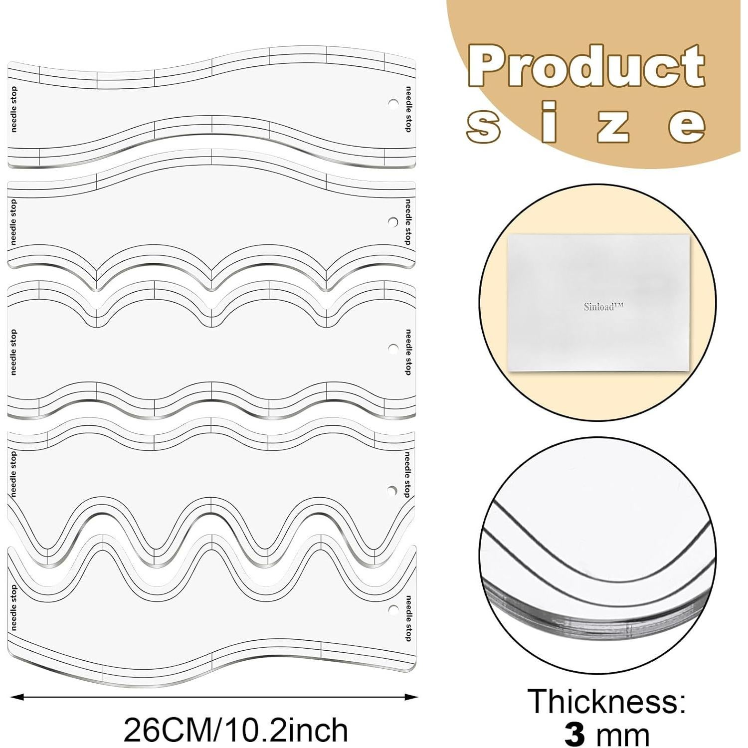 5 Plantillas de Acolchado Acrílico Sinload 26 cm Diseño Ola
