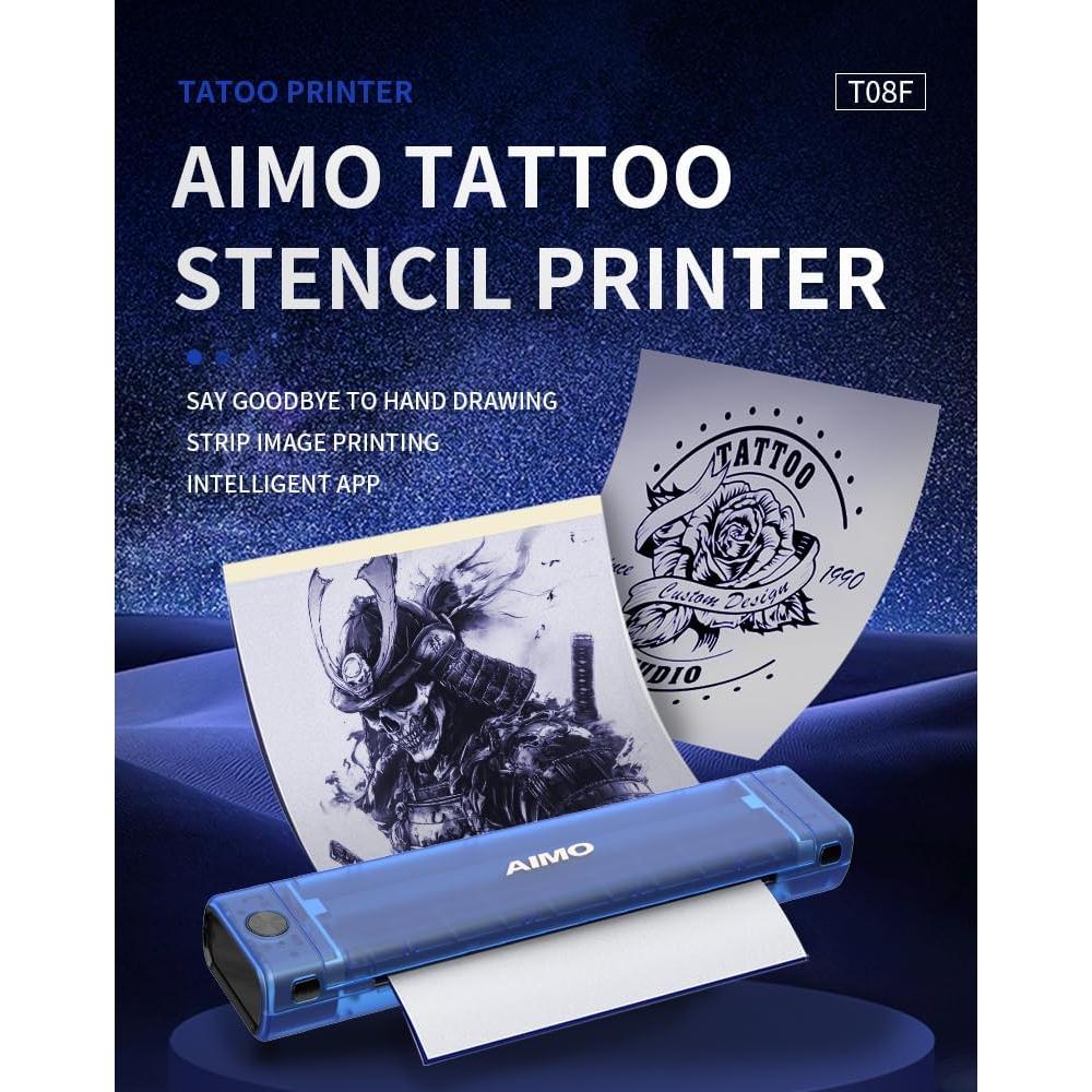 Aimo T08F Tattoo Transfer Printer Thermal Bluetooth Tattoo Long Image Printing for Phones，Ipad and PC for Tattoo Artists& Beginners，Include Transfer Machine, Handbag, Stand and A4 Roll Paper