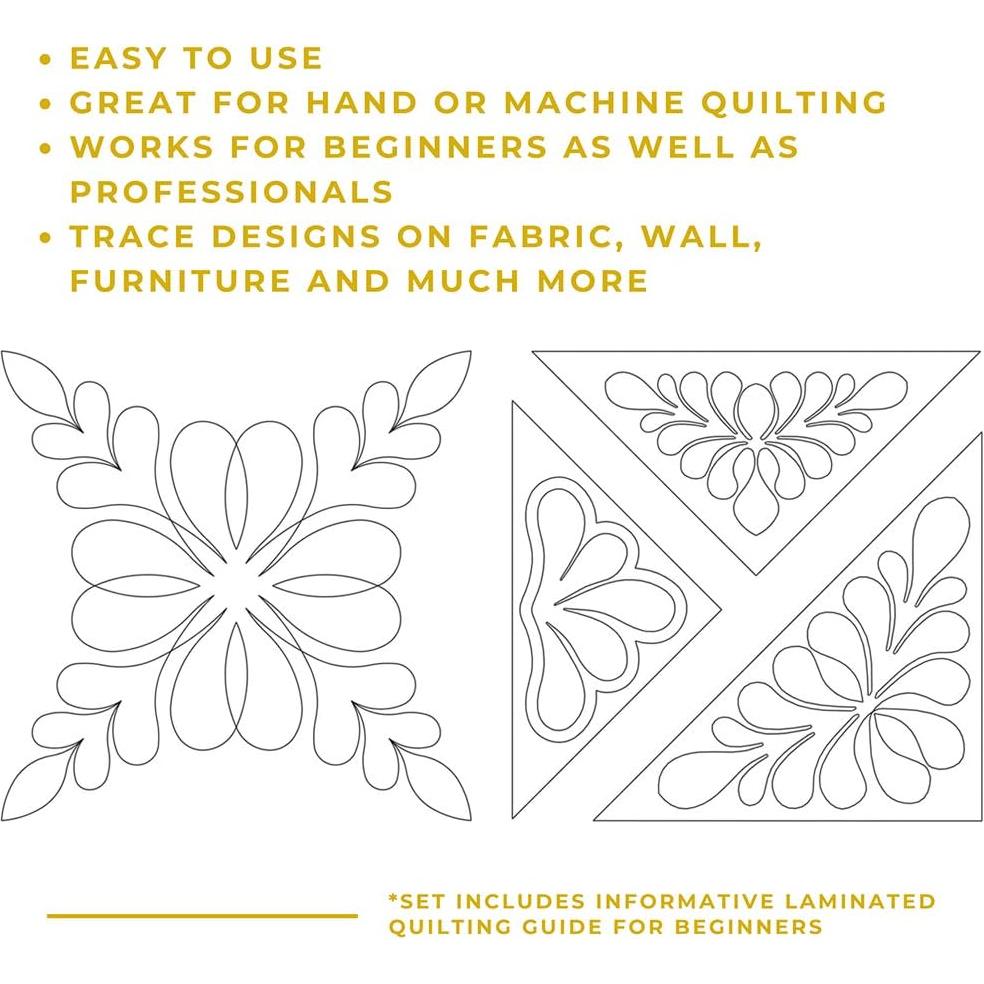 Quilting Stencils for Machine and Hand Quilting - Set of 2 Reusable Feather, Hearts and Triangular Designs Plastic Quilt Stencil for Borders, Background, Block Patterns with Guide