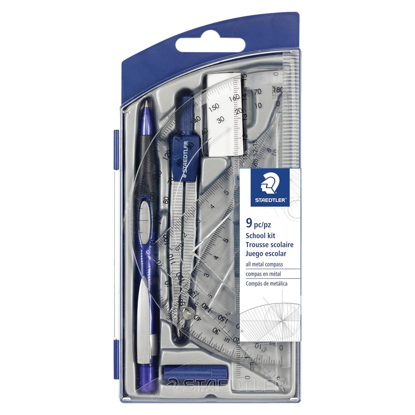 Set de Geometría Matemática 9 Piezas Staedtler Azul Plateado