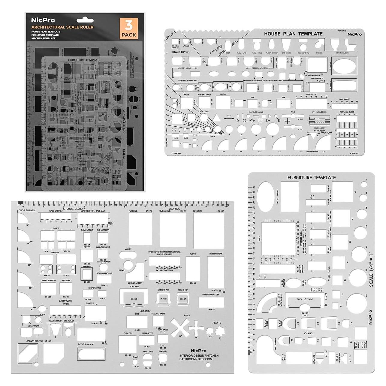 Plantillas de Dibujo Arquitectónico Nicpro 3 PCS Geometría