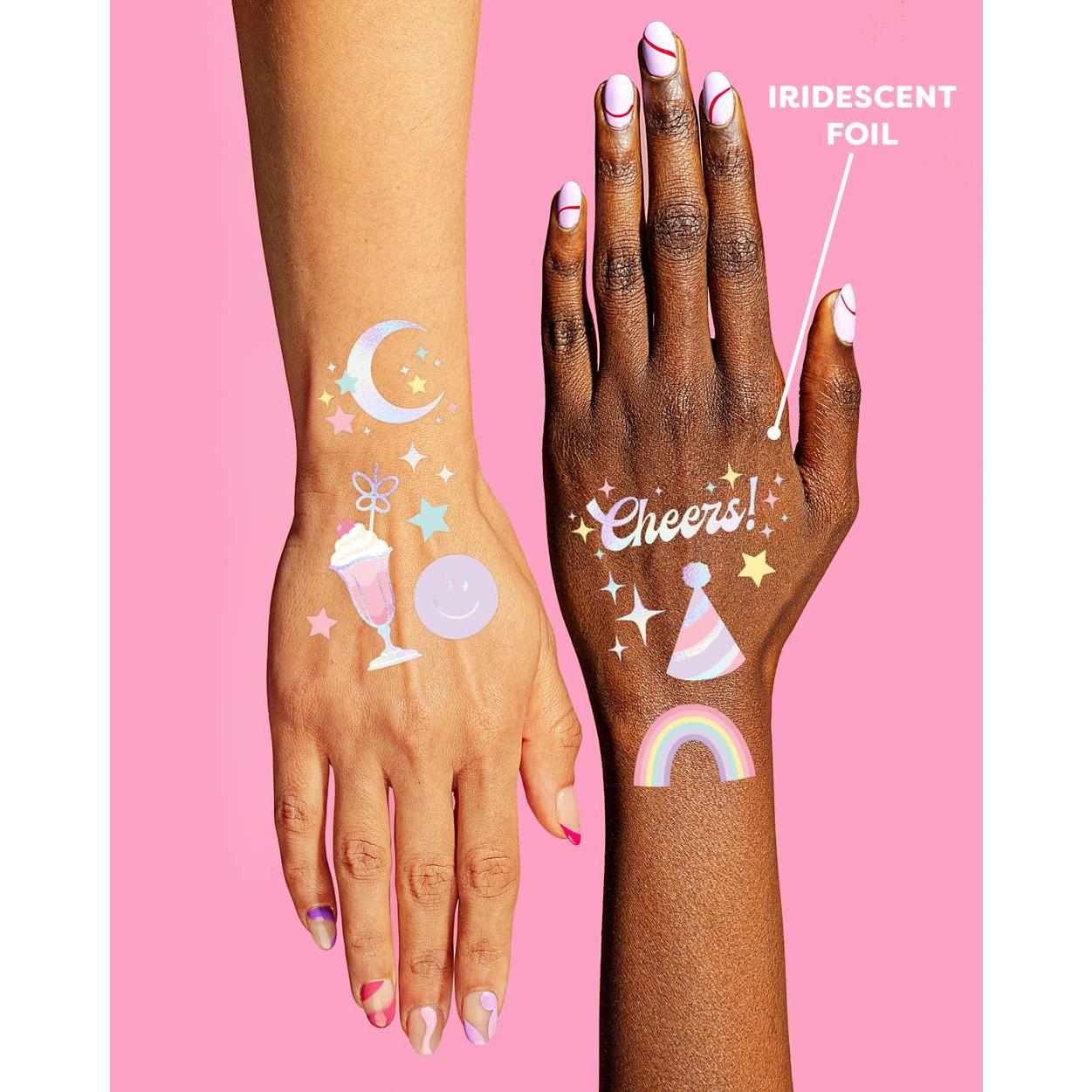 xo, Fetti Pastel Rainbow Temporary Tattoos - 50 Iridescent Foil Styles | Preppy Birthday Party Supplies, Smiley Party Favors, Party Vibes Only