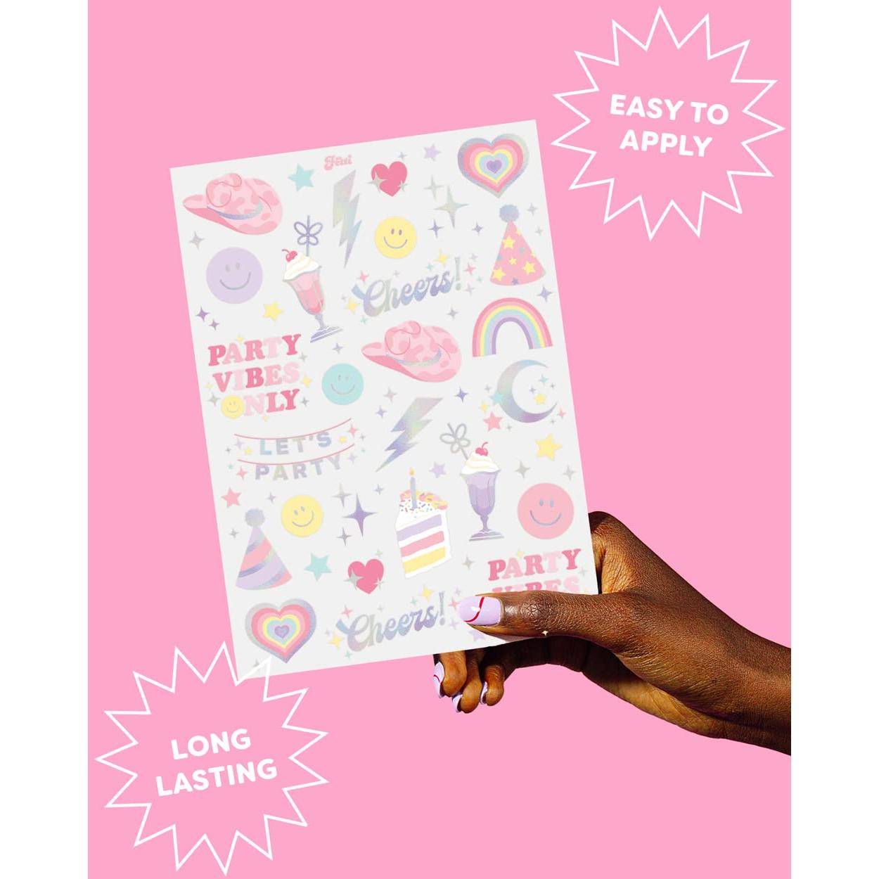 xo, Fetti Pastel Rainbow Temporary Tattoos - 50 Iridescent Foil Styles | Preppy Birthday Party Supplies, Smiley Party Favors, Party Vibes Only