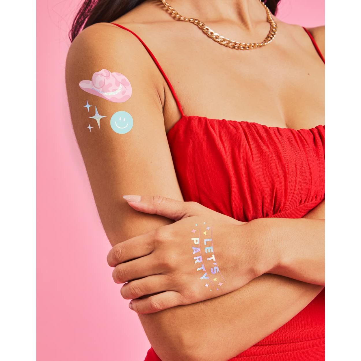 xo, Fetti Pastel Rainbow Temporary Tattoos - 50 Iridescent Foil Styles | Preppy Birthday Party Supplies, Smiley Party Favors, Party Vibes Only