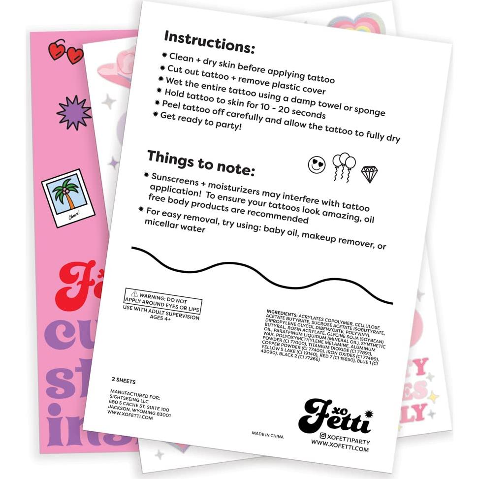 xo, Fetti Pastel Rainbow Temporary Tattoos - 50 Iridescent Foil Styles | Preppy Birthday Party Supplies, Smiley Party Favors, Party Vibes Only