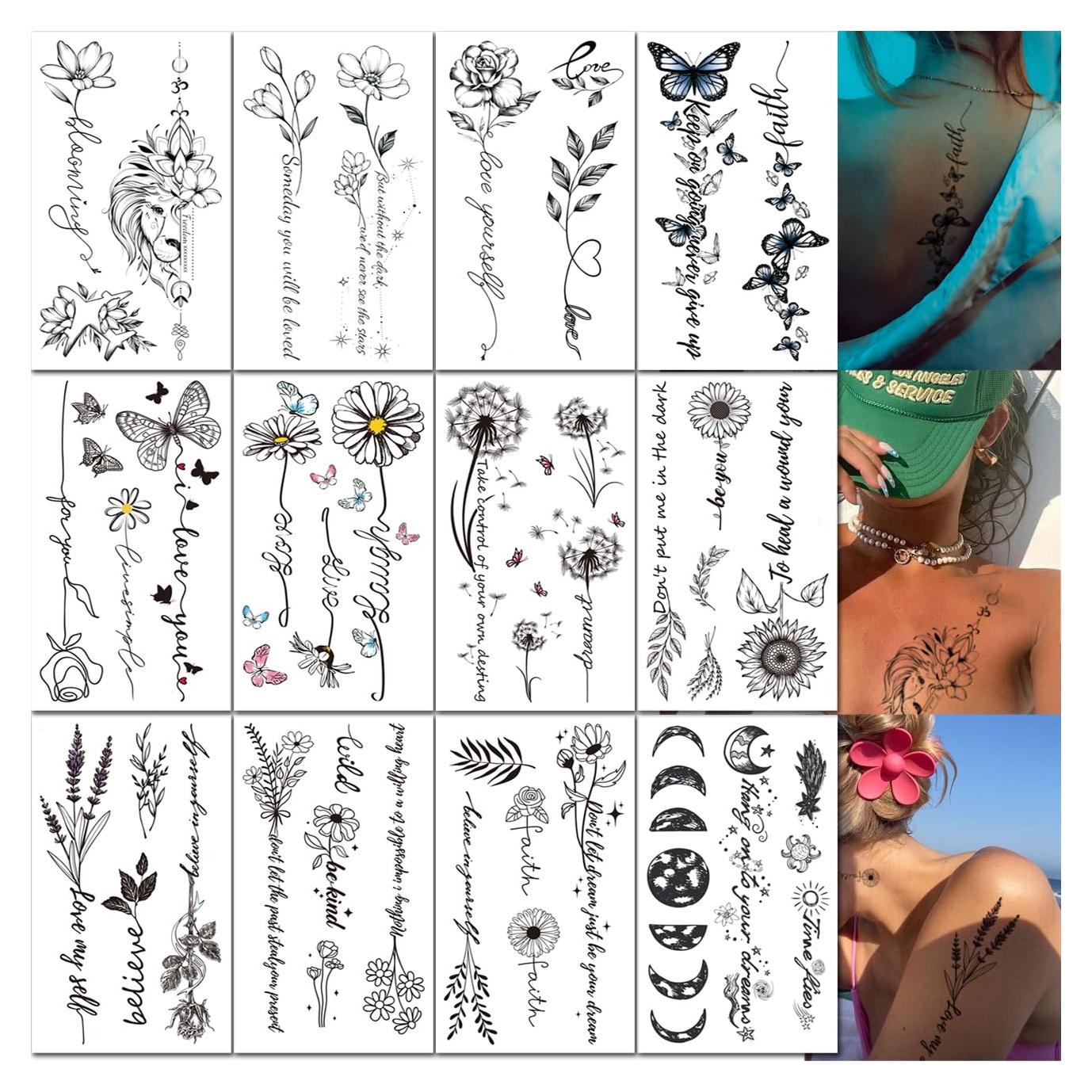 Tatuajes Temporales CHARLENT de Flores Negras - 12 Hojas