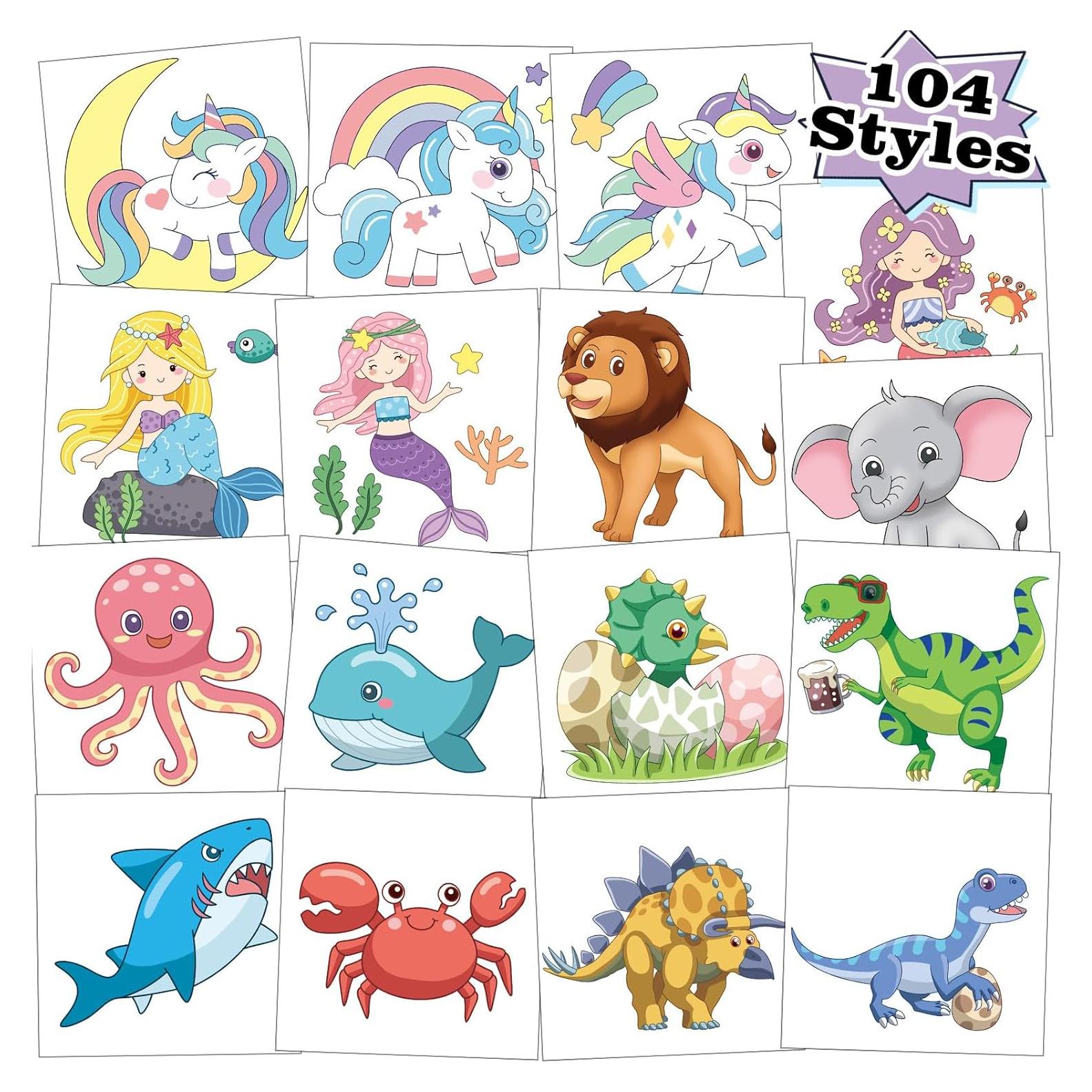 104 PCS Kids Temporary Tattoos for Party Supplies, Dinosaur Unicorns Mermaid Animal Temp Tattoo Stickers for Kids Girls Boys Birthday Party Favors Activities