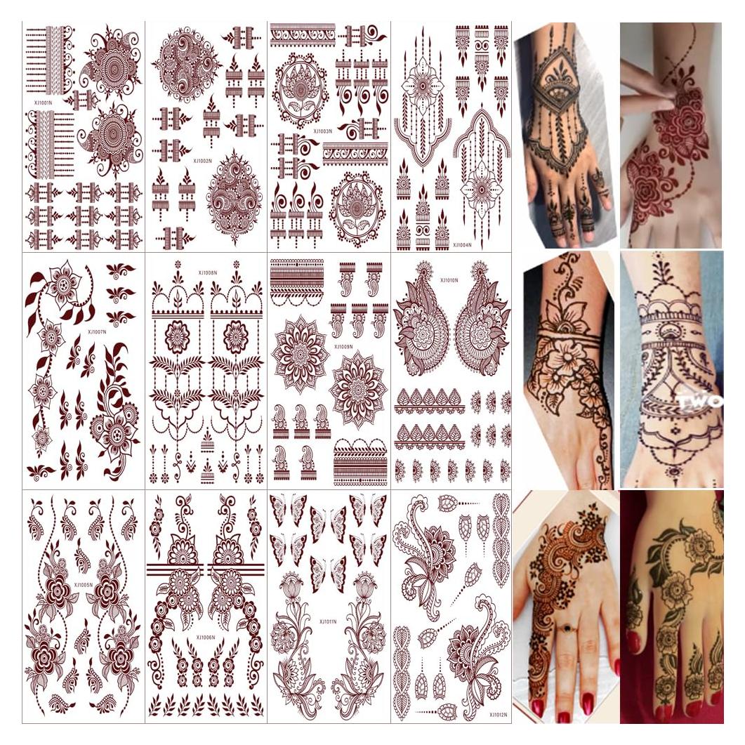 Kit de Tatuajes Temporales de Henna Xmasir - 12 Hojas Marrón