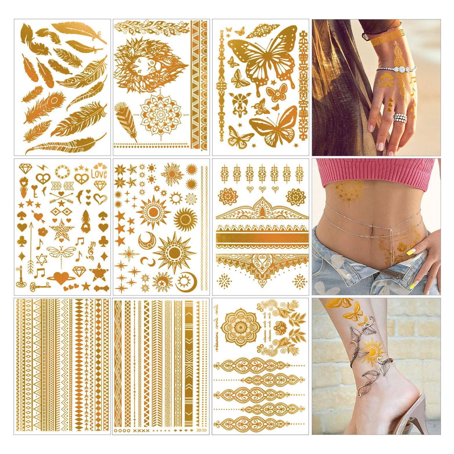 Tatuajes Temporales Dorados AIRNOGO 110 Pcs Impermeables