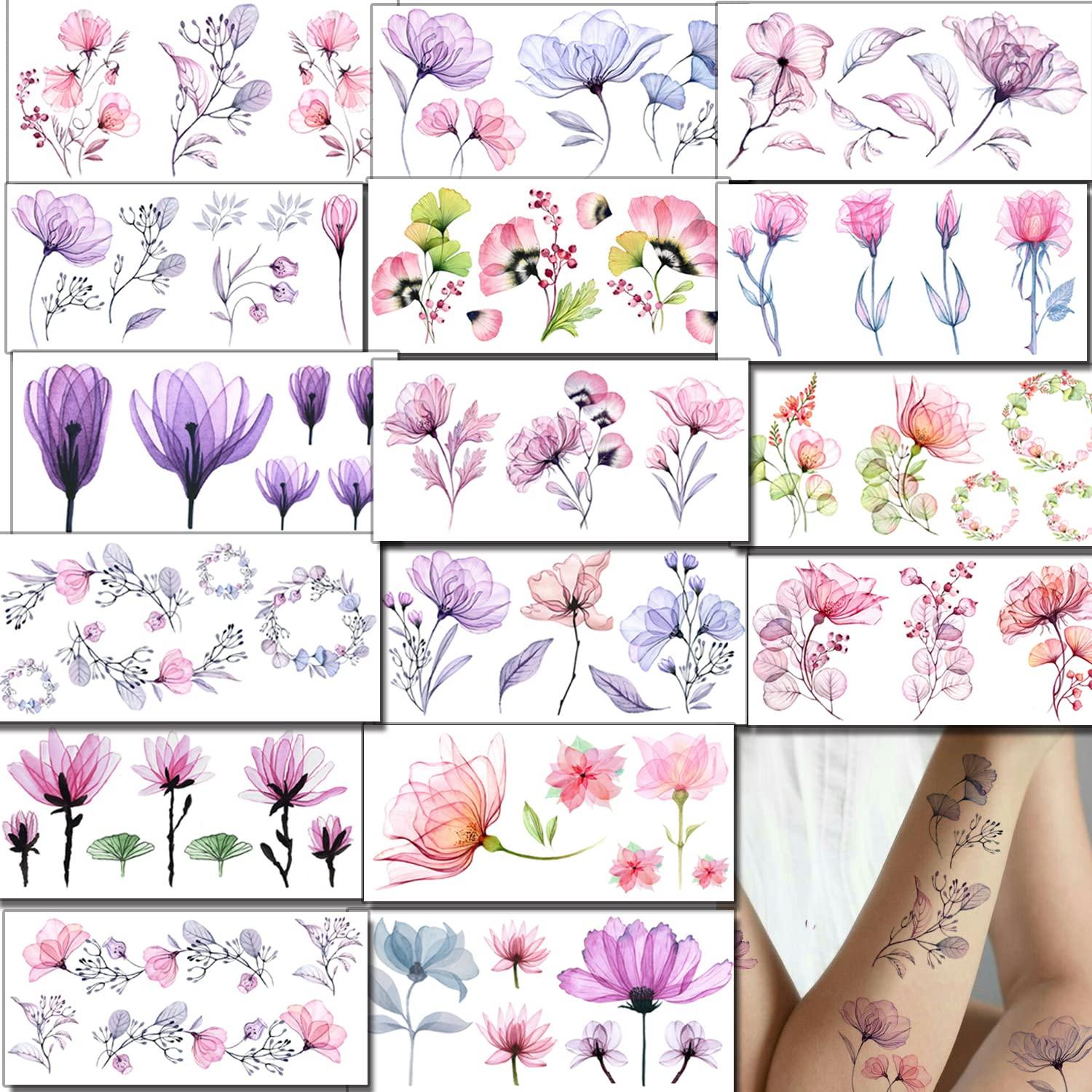 Tatuajes Temporales Tazimi 16 Hojas Flores Acuarela Mujer