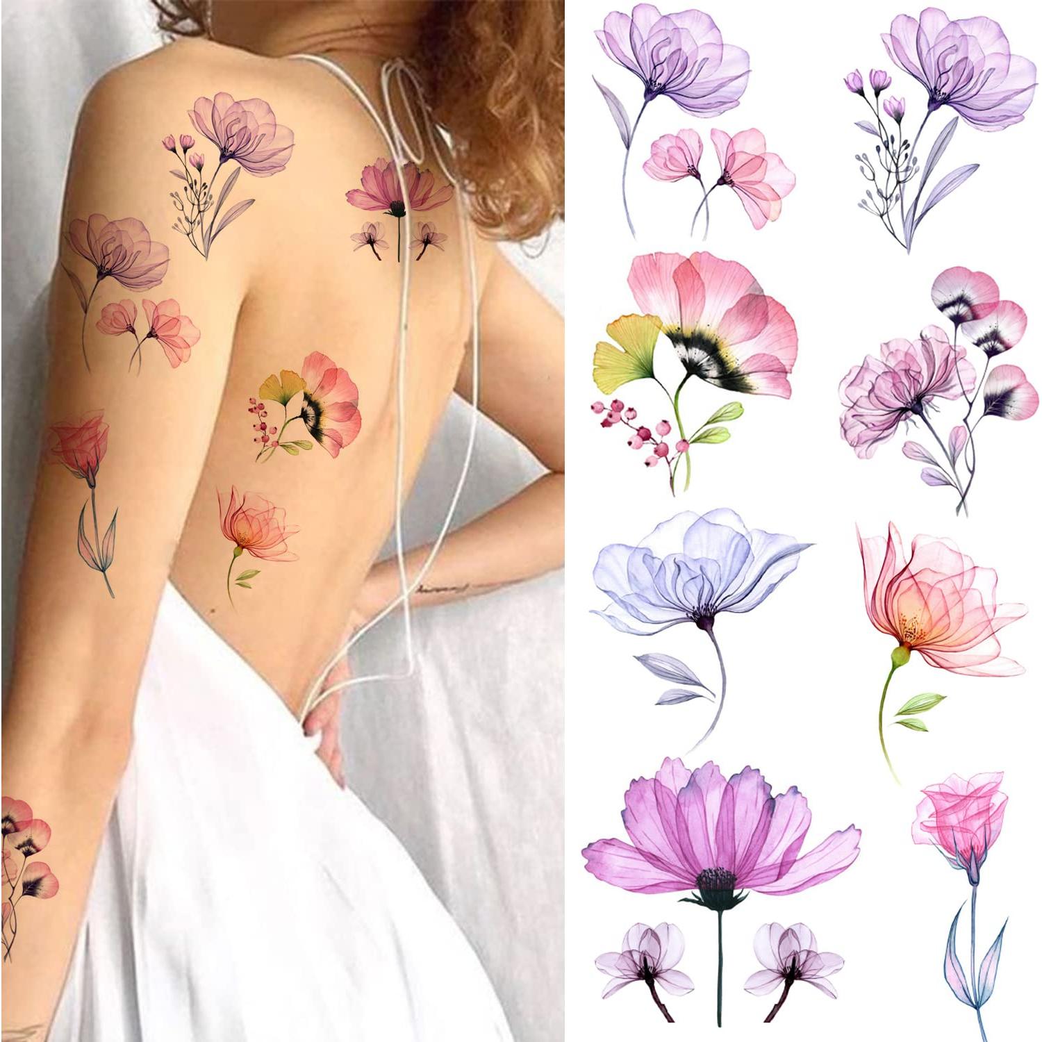 Tatuajes Temporales Tazimi 16 Hojas Flores Acuarela Mujer