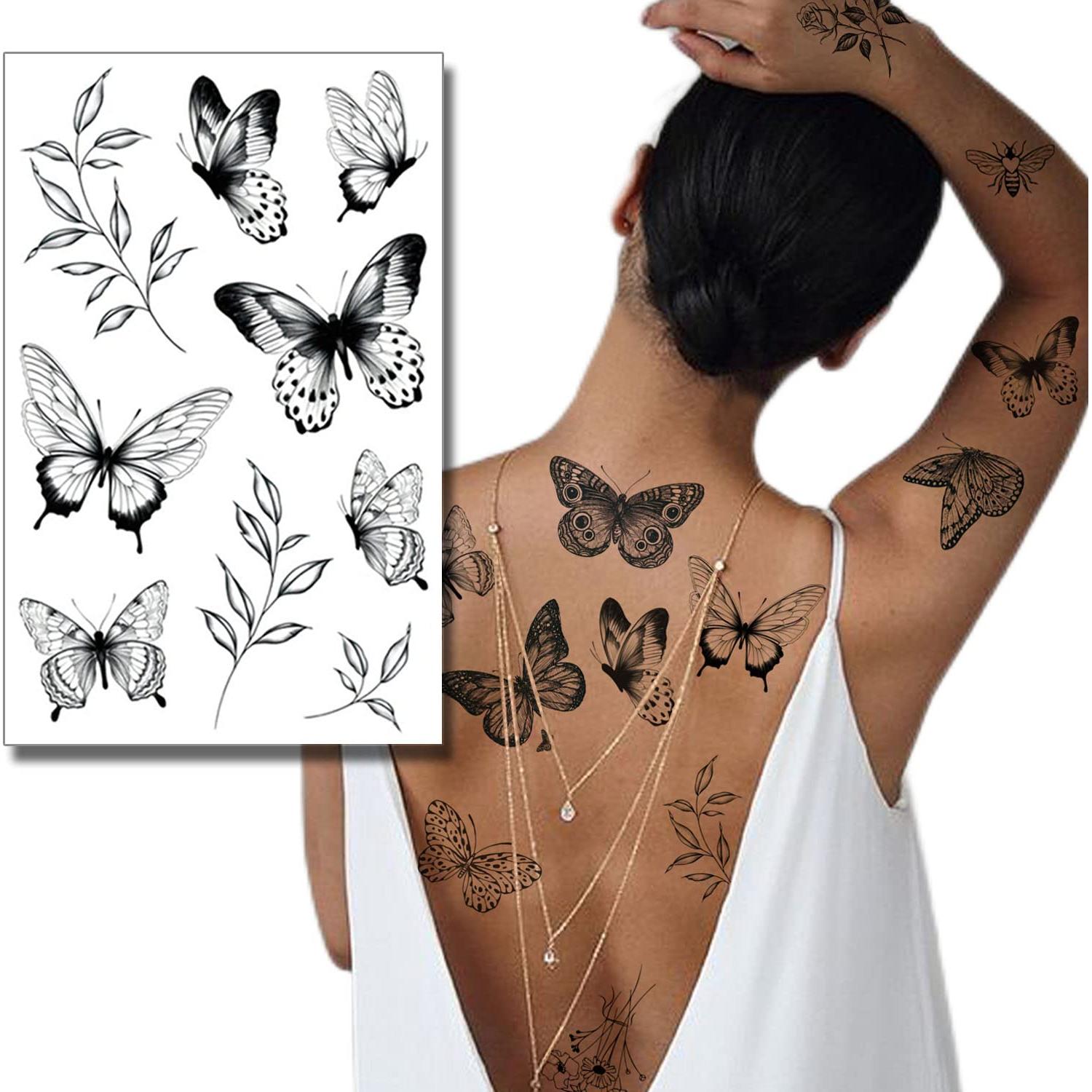 Tatuajes Temporales Mariposa Negra Tazimi - 6 Hojas Grandes