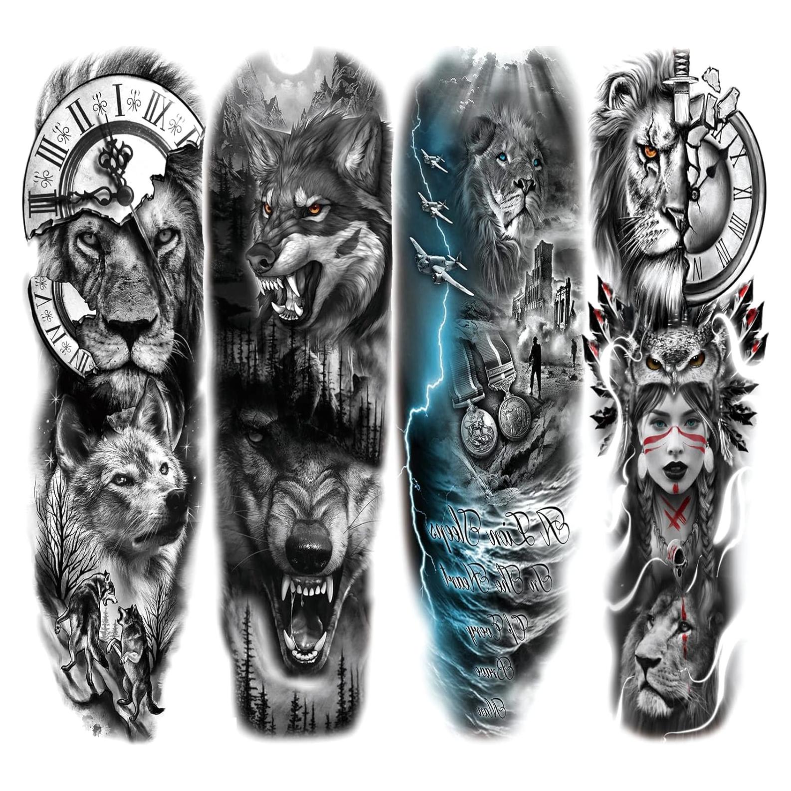 Manga Completa Tatuaje Temporal León Lobo Briyhose 4 Hojas