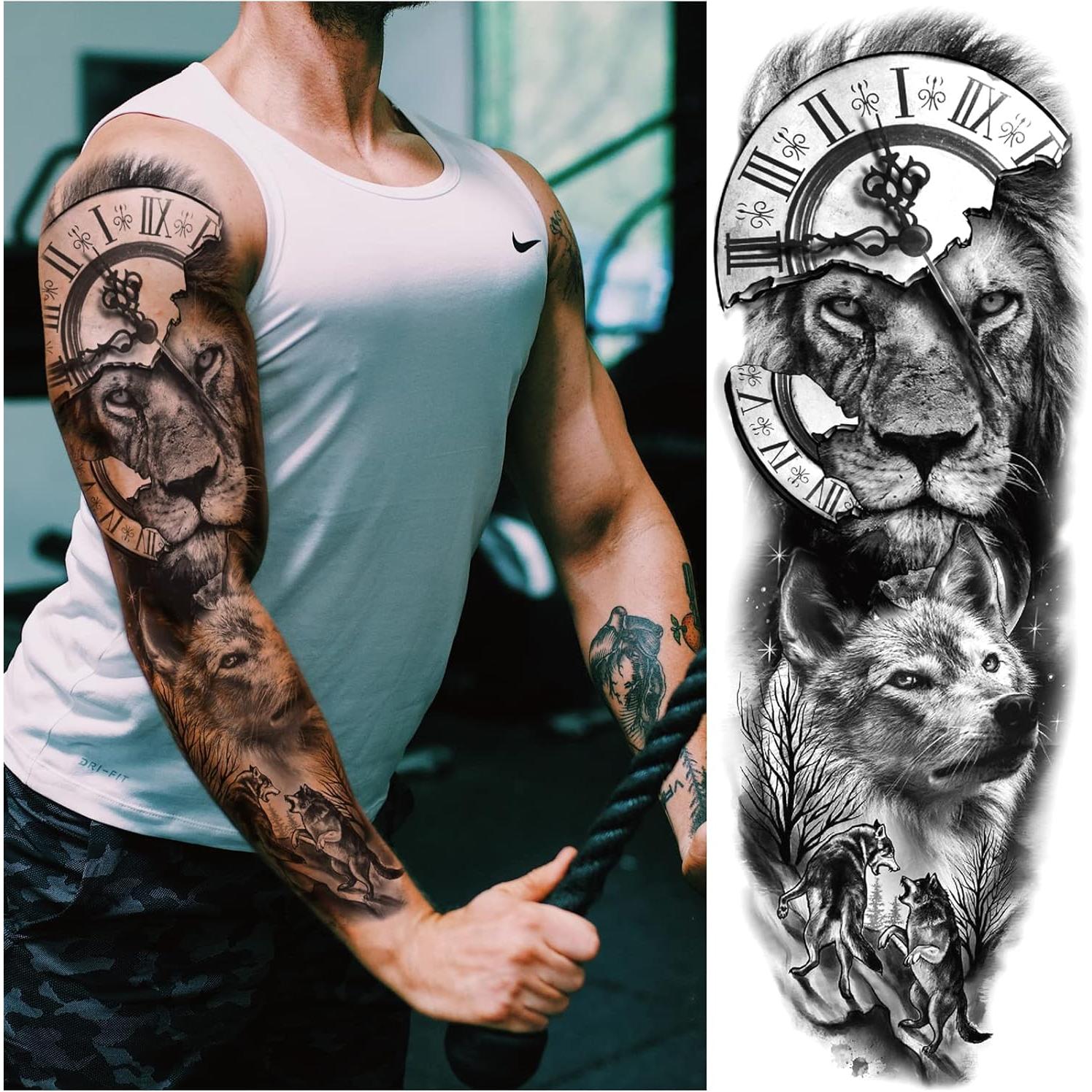 Manga Completa Tatuaje Temporal León Lobo Briyhose 4 Hojas