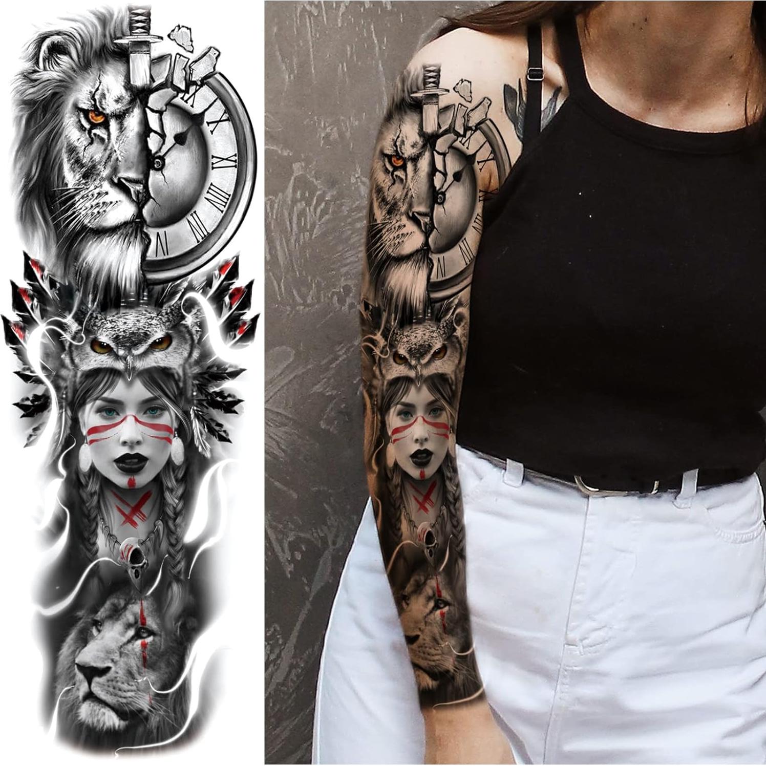 Manga Completa Tatuaje Temporal León Lobo Briyhose 4 Hojas