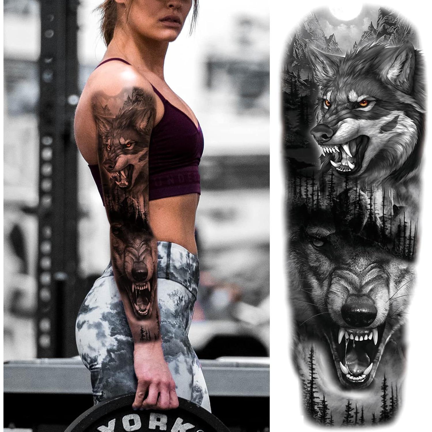 Manga Completa Tatuaje Temporal León Lobo Briyhose 4 Hojas