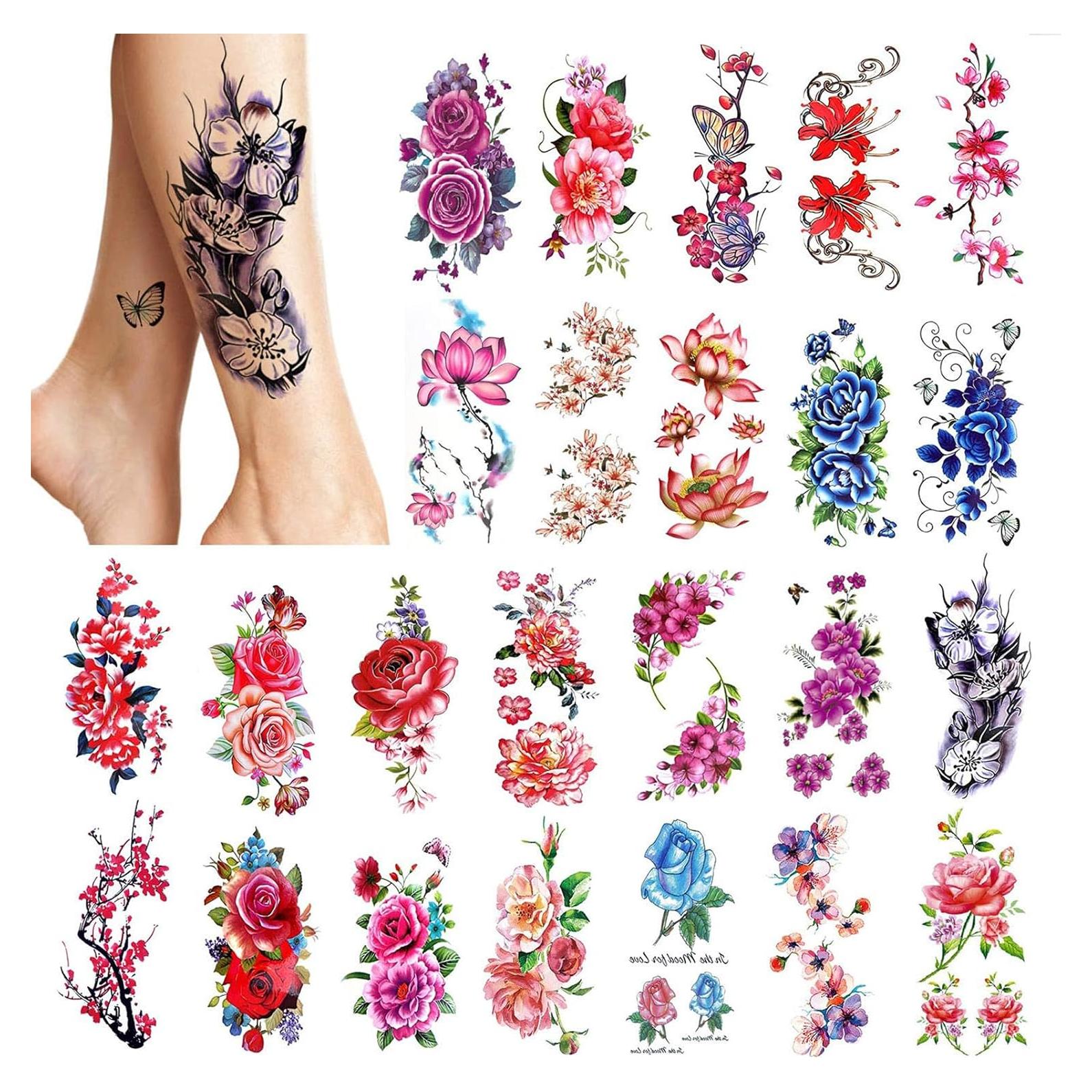 Tatuajes Temporales PHOGARY 24 Piezas Flores Brillantes