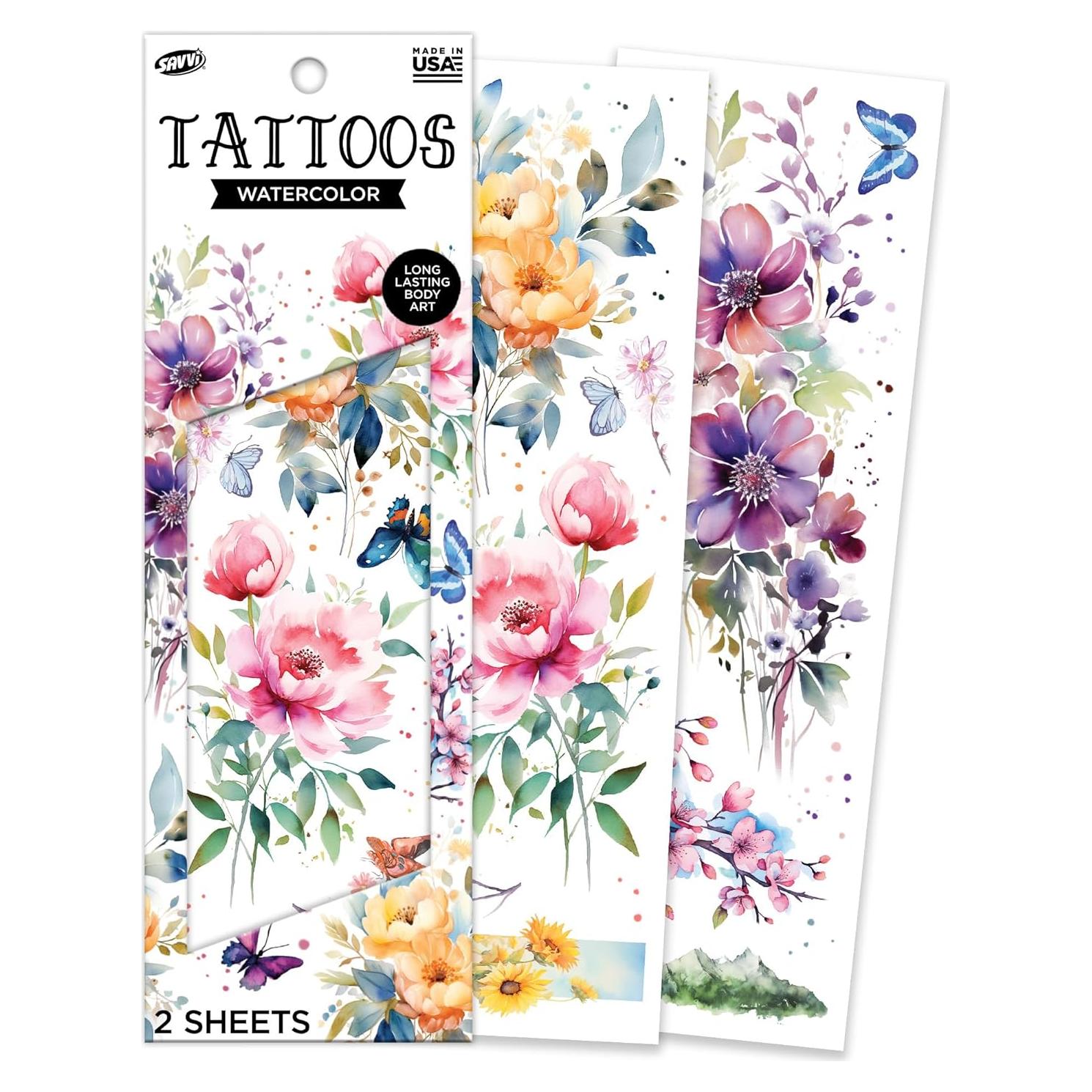 Tatuajes Temporales Acuarelados Savvi - 10 Diseños Florales