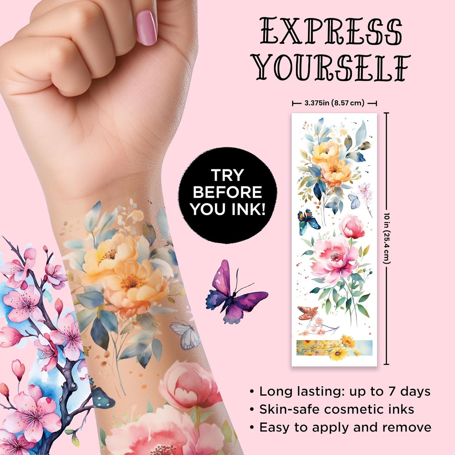 Tatuajes Temporales Acuarelados Savvi - 10 Diseños Florales