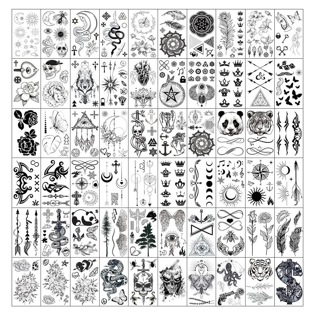 330 Tatuajes Temporales Negros Realistas Esland - 60 Pcs Vintage