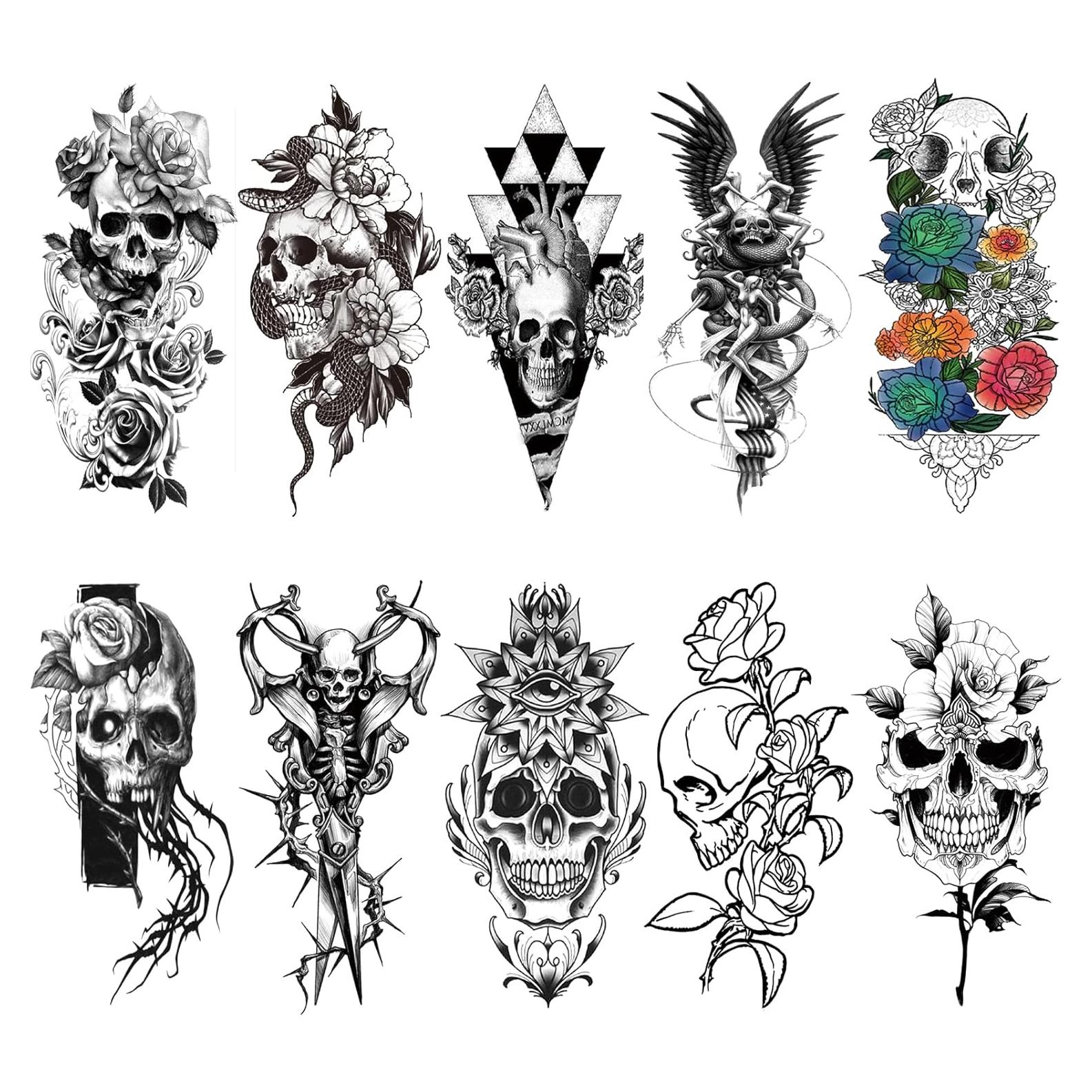 10 Hojas Tatuajes Temporales Calaveras y Flores Briyhose