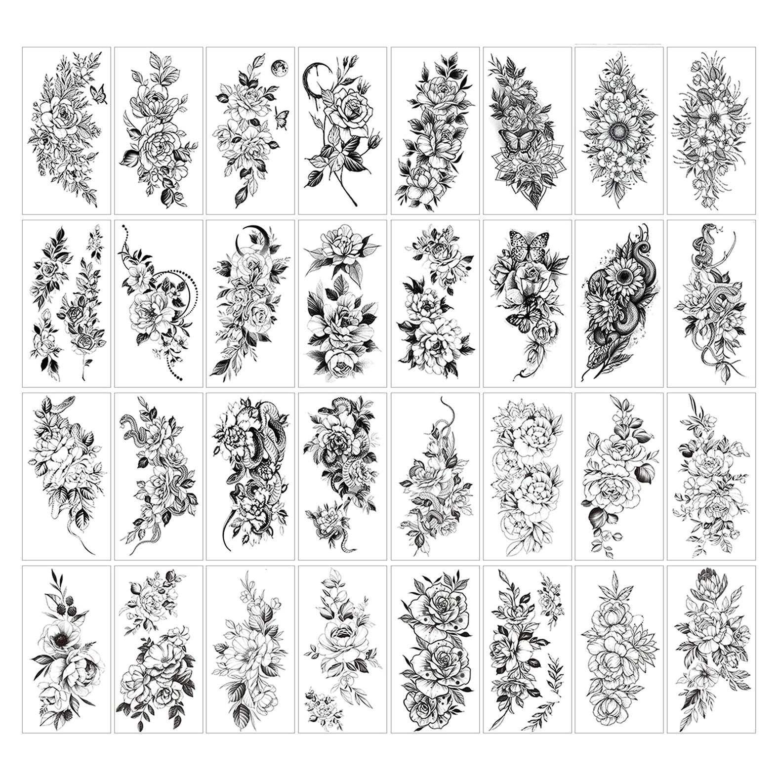 32 Pegatinas de Tatuaje Temporal Flor Rosa Negra Anrituo 19.1x9.7 cm