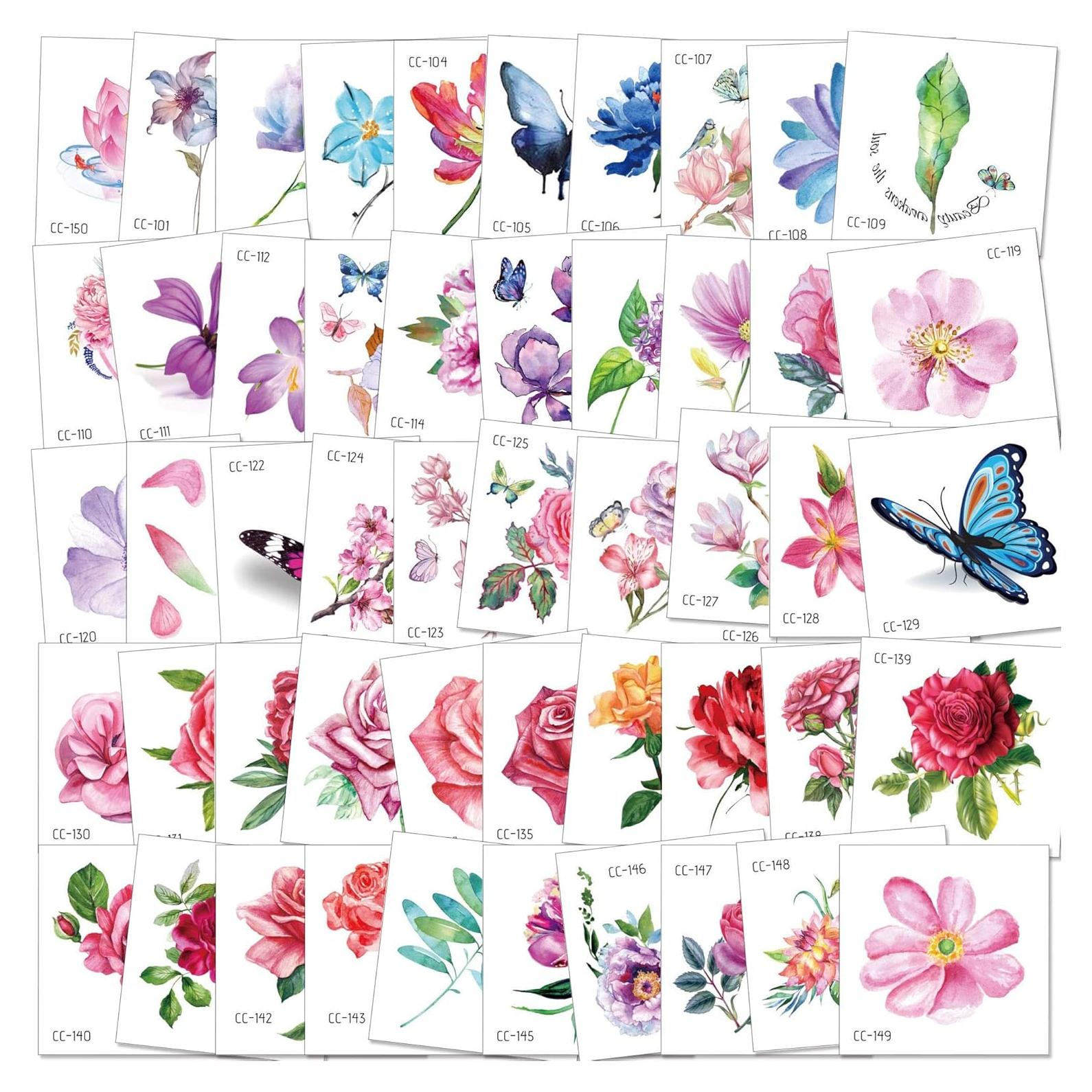 Tatuajes Temporales de Flores Konsait - 50 Hojas 6x6cm