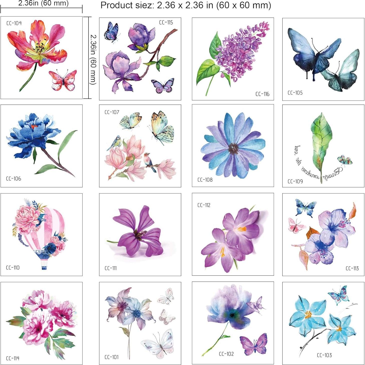 Tatuajes Temporales de Flores Konsait - 50 Hojas 6x6cm