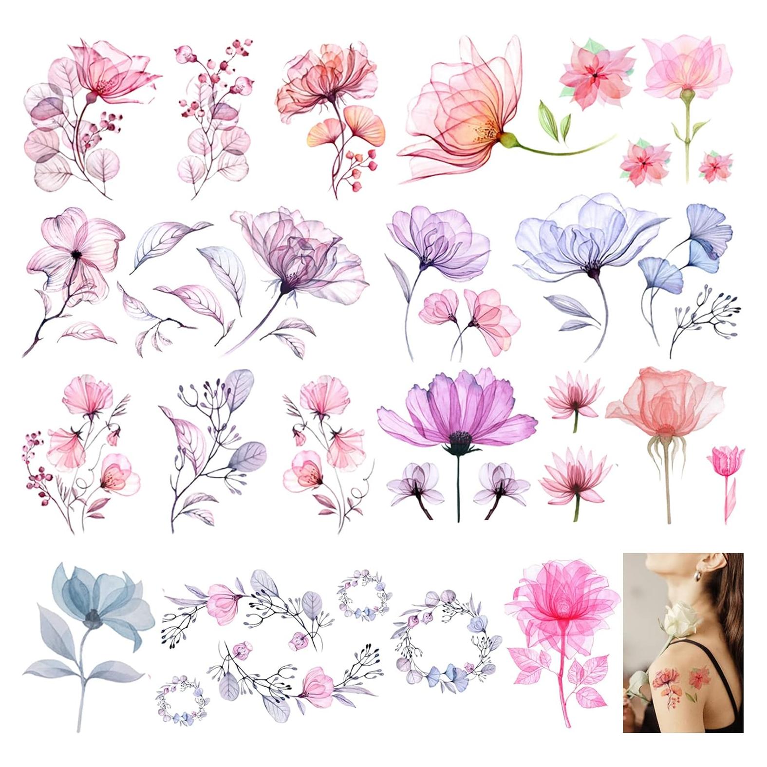 Tatuajes Temporales de Flores Casciybo - 10 Hojas Acuareladas