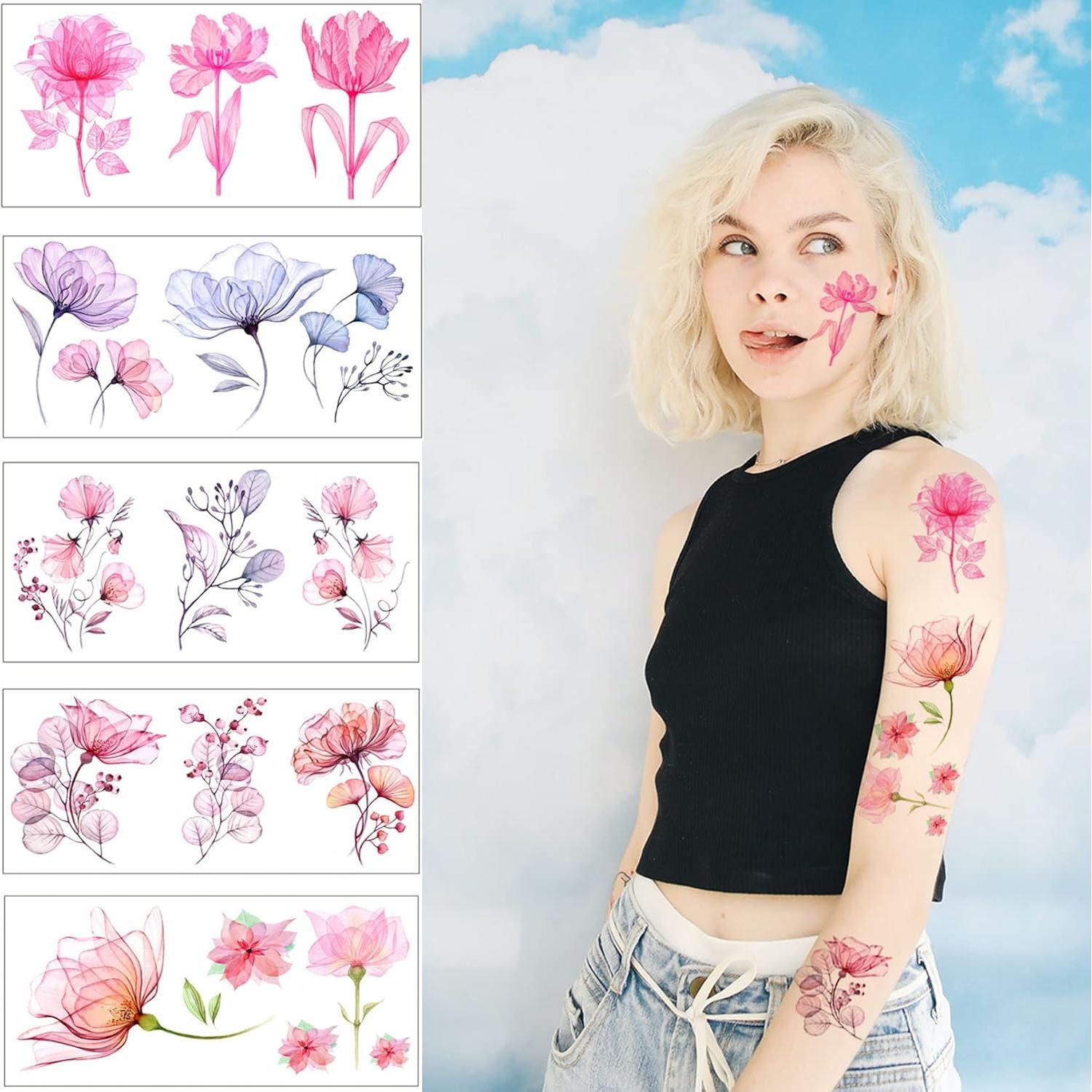 Tatuajes Temporales de Flores Casciybo - 10 Hojas Acuareladas