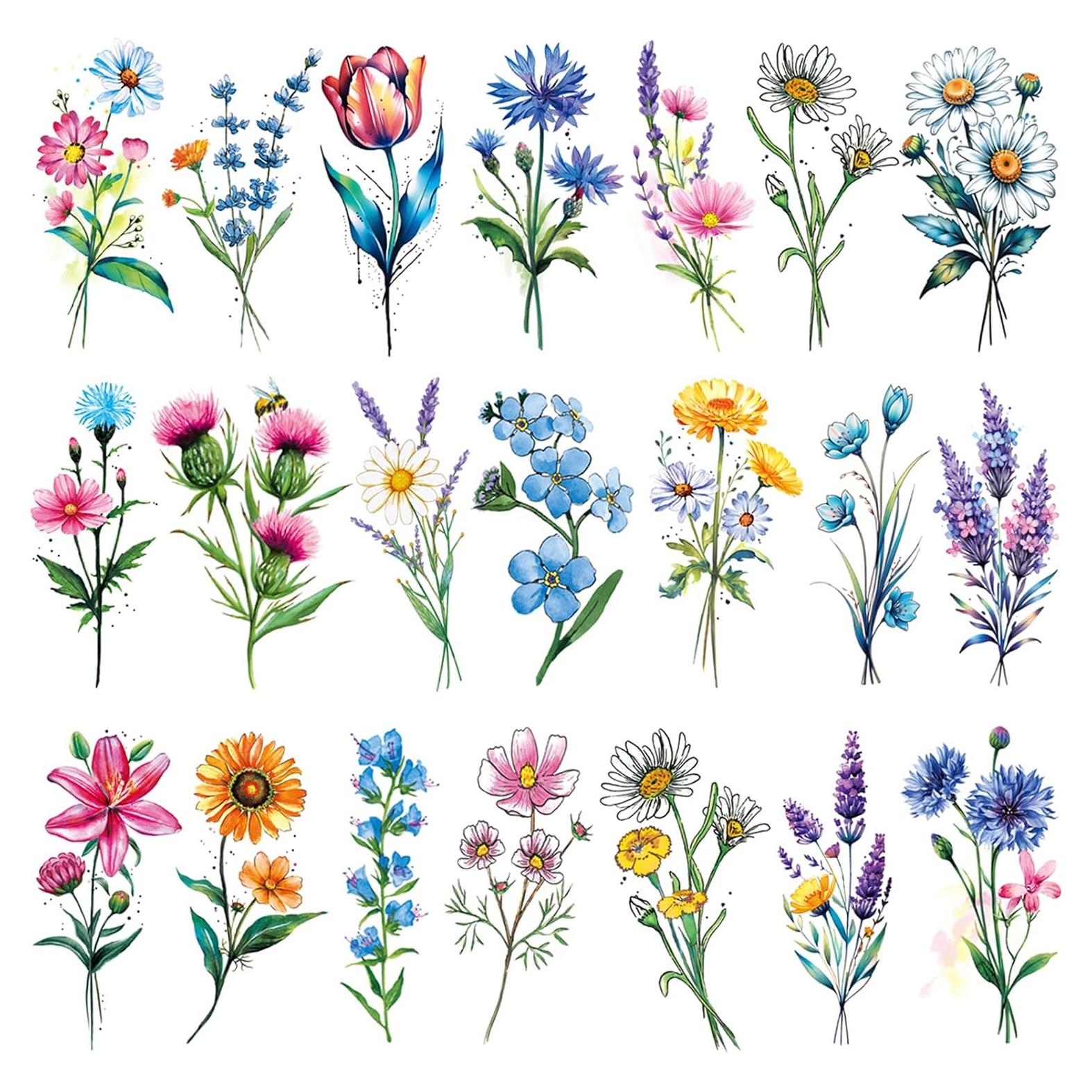 Tatuajes Temporales Acuarela Tazimi 20 Hojas Flores 3D