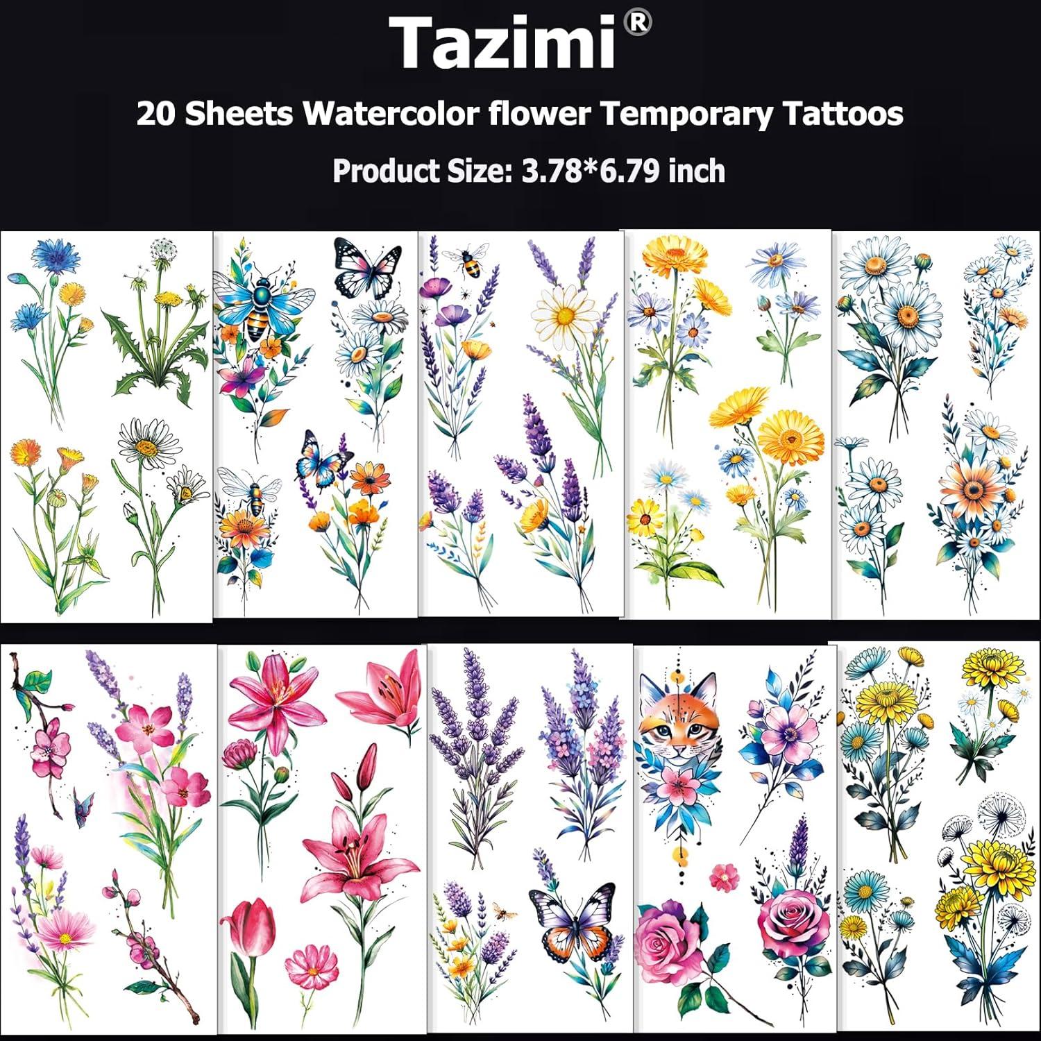 Tatuajes Temporales Acuarela Tazimi 20 Hojas Flores 3D