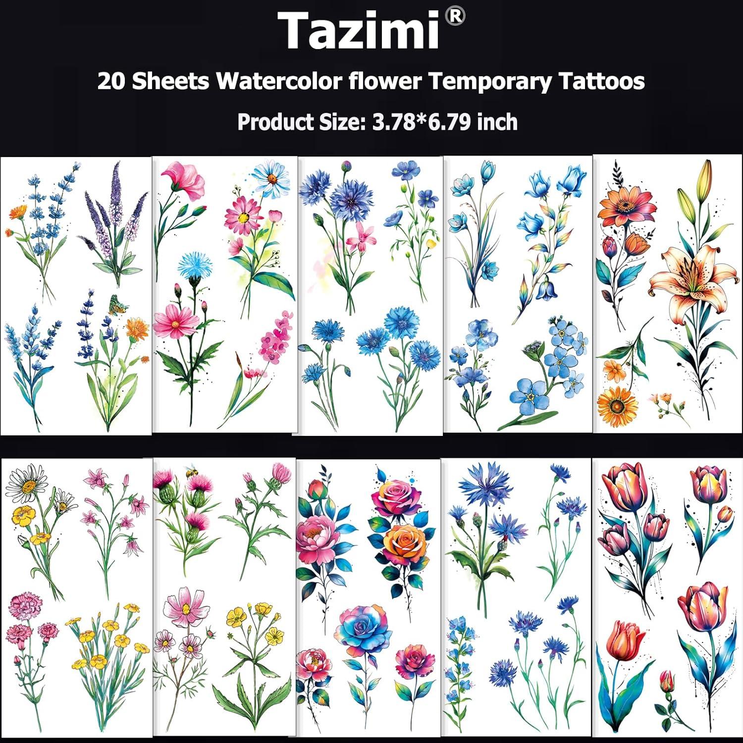 Tatuajes Temporales Acuarela Tazimi 20 Hojas Flores 3D