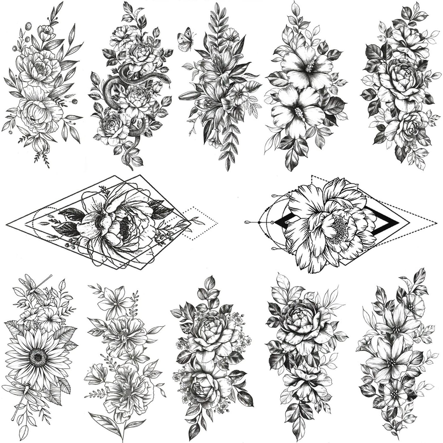 Tatuajes Temporales 3D Tazimi Flores Negras 12 Hojas