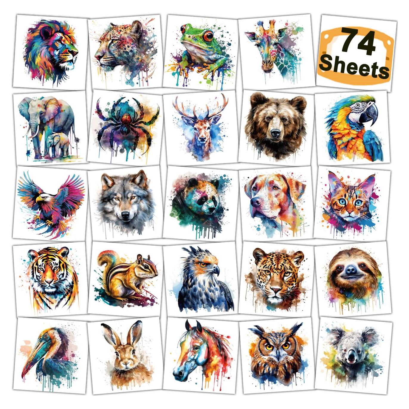 Tatuajes Temporales Acuarelados de Animales Charlent - 74 Piezas